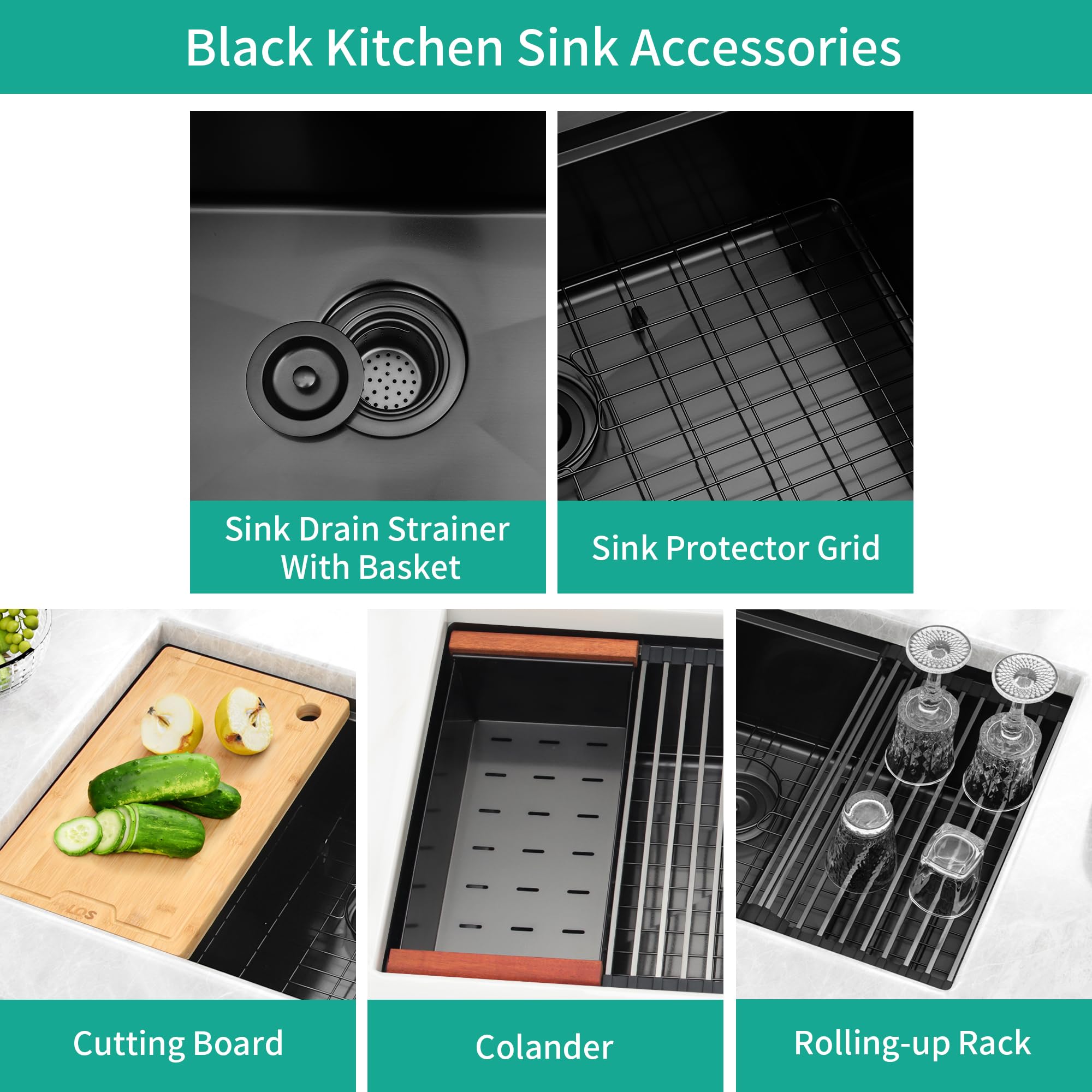 LQS 32 Inch Black Undermount Kitchen Sink - 16 Gauge Stainless Steel Workstation Sink with Accessories (32”x19”) | Deep Single Bowl for Modern Kitchens | Perfect for Meal Prep, Dishwashing & Entertaining