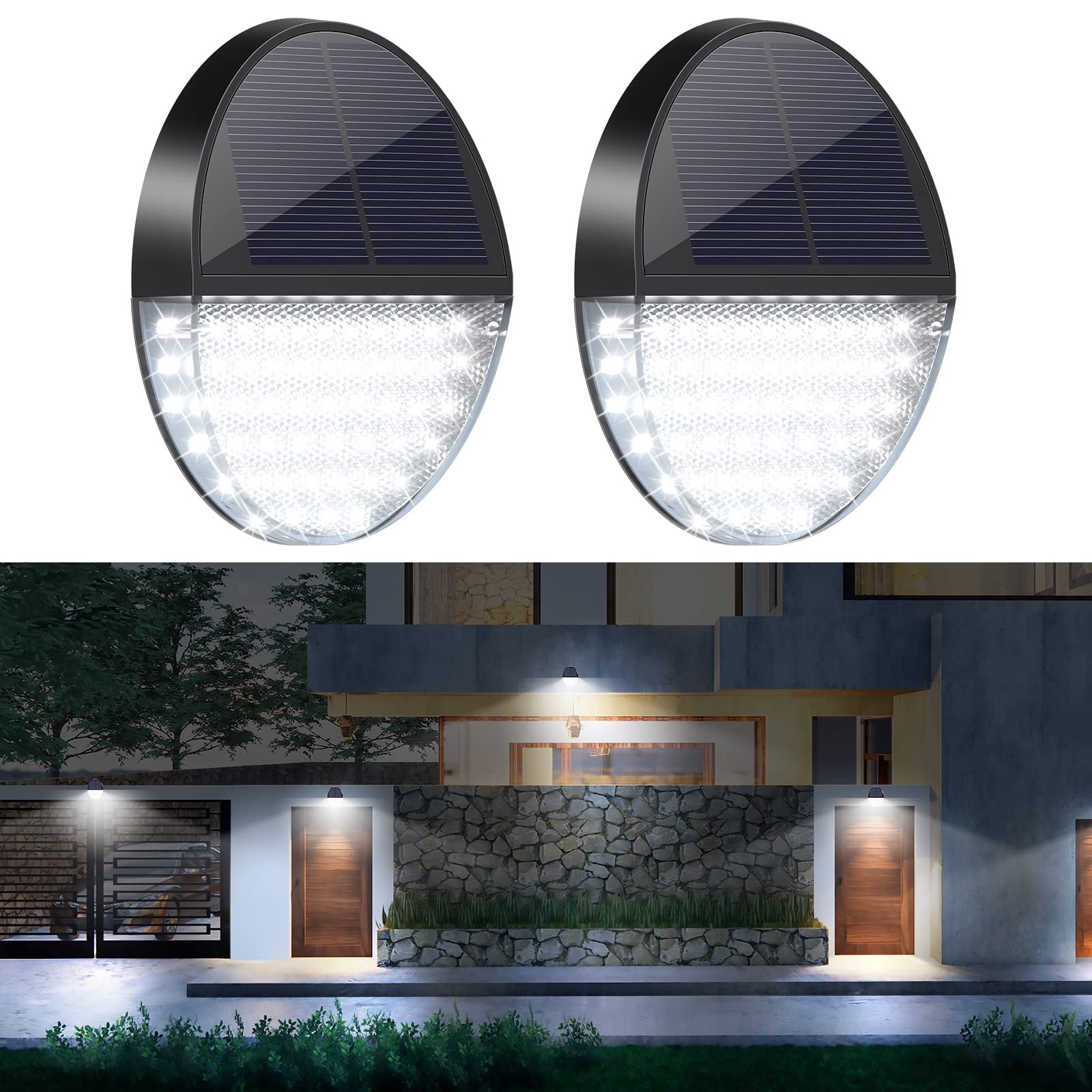 Solar Powered Outdoor Motion Sensor Lights - 2 Pack Waterproof LED Security Lights for Garage, Wall, Front Door, Porch & Patio (Cool White, 48 LEDs Each) - Ideal for Home Safety & Nighttime Illumination