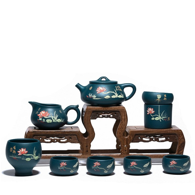 Premium Yixing Blue Clay Lotus Teapot Set - Authentic Chinese Shi Piao Tea Ceremony Gift for Oolong & Pu-erh Tea Lovers | Perfect for Home Tea Ceremonies, Meditation & Gifting