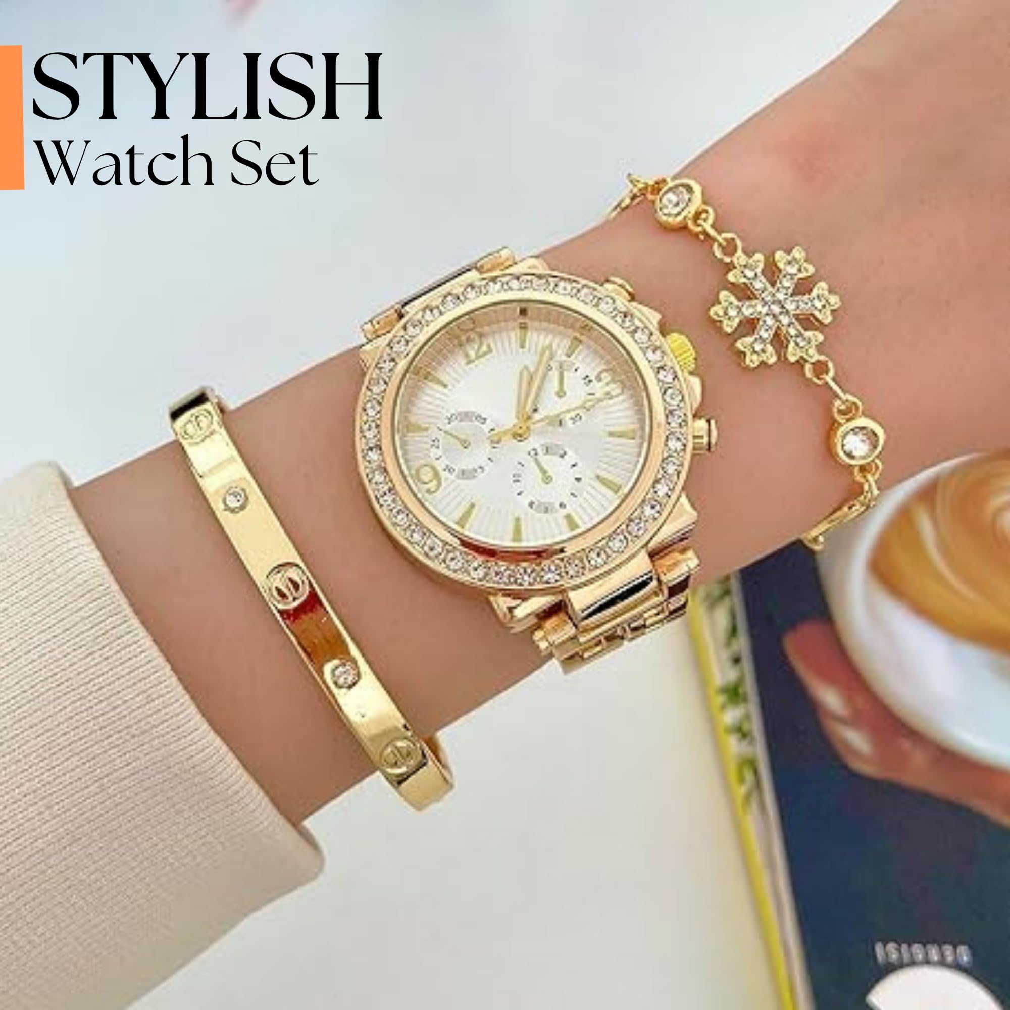 Elegant Gold Women's Watch & Bracelet Set - Stylish Dainty Watch with Gold Bracelet for Women - Fashionable Accessories for Daily Wear & Special Occasions - Perfect Birthday Gift for Mom, Wife & Loved Ones - Ideal for Office, Party & Everyday Elegance