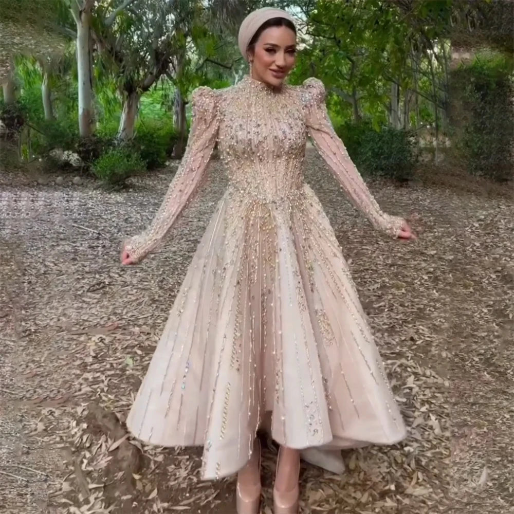 Serene Hill Muslim A-Line Luxury Pearl Beaded Nude Midi Ankle-Length Evening Dress Gown for Women - Formal Wedding Party Guest Attire | Elegant for Special Occasions, Bridal Showers & Red Carpet Events