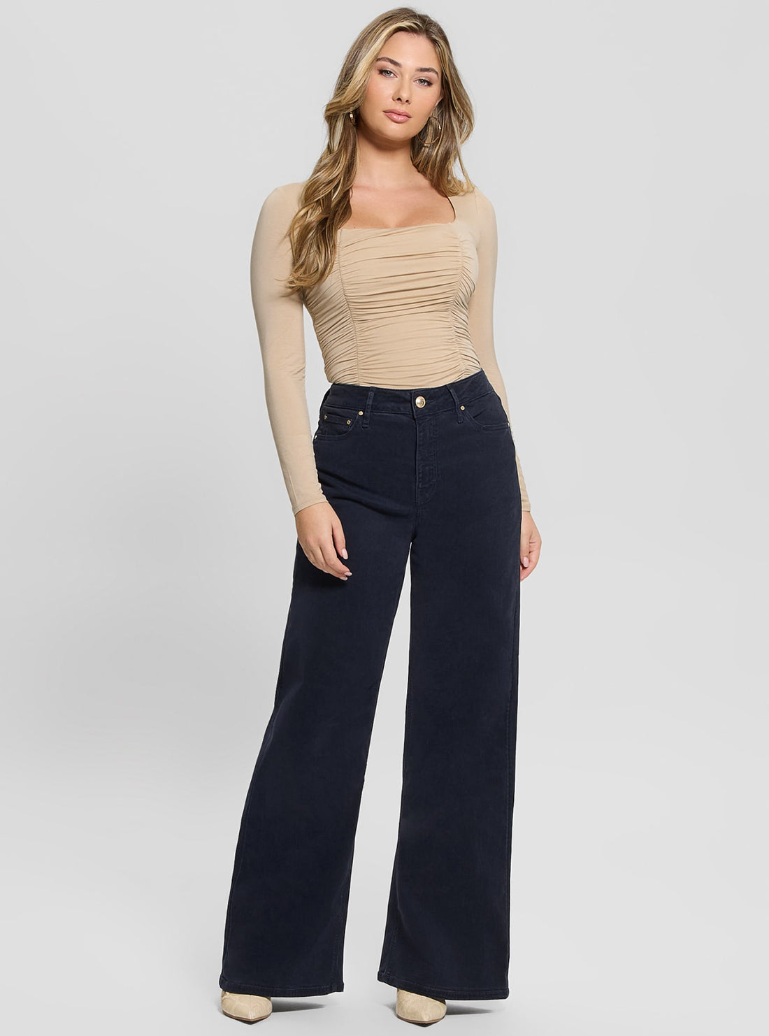 Beige Adrianna Shirred Top for Women - Elegant Ruffled Blouse with Flowy Sleeves | Perfect for Casual Outings, Date Nights & Summer Vacations
