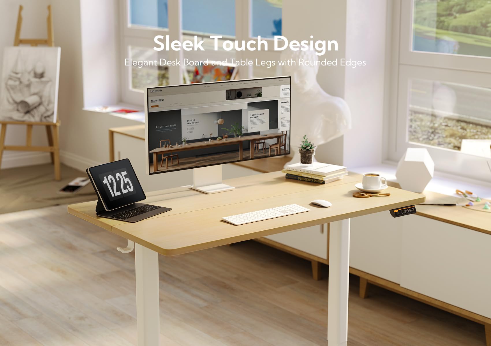 Claiks Electric Standing Desk - Adjustable Height Sit Stand Desk 40x24 Inches, White Frame with Natural Wood Top for Home Office | Ergonomic Workstation for Remote Work & Study