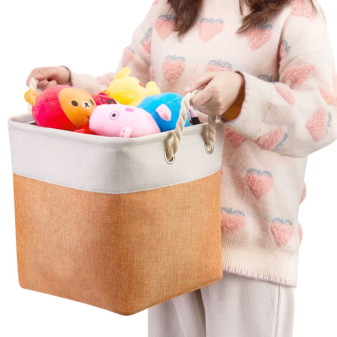 i BKGOO 3-Pack Large Foldable Storage Bins | Collapsible Fabric Organizer Baskets with Cotton Handles | 13×13×13 Inch Beige-Orange | Perfect for Home, Office, Shelf, Clothes & Toys Organization