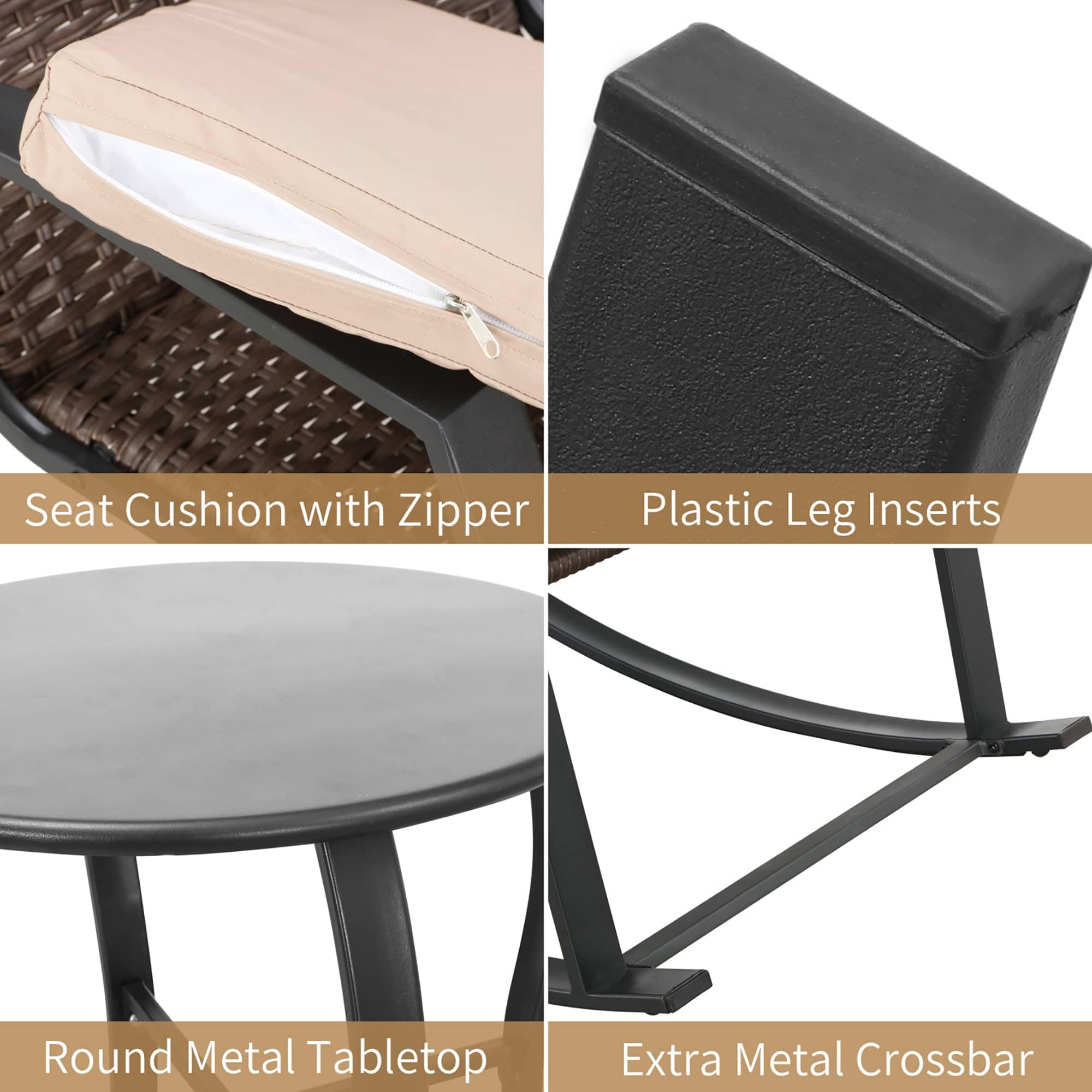 PatioFestival 3-Piece Outdoor Bistro Set with Cushioned Metal Rocking Chairs & Side Table - All-Weather Khaki Patio Furniture for Garden, Deck, or Backyard Relaxation