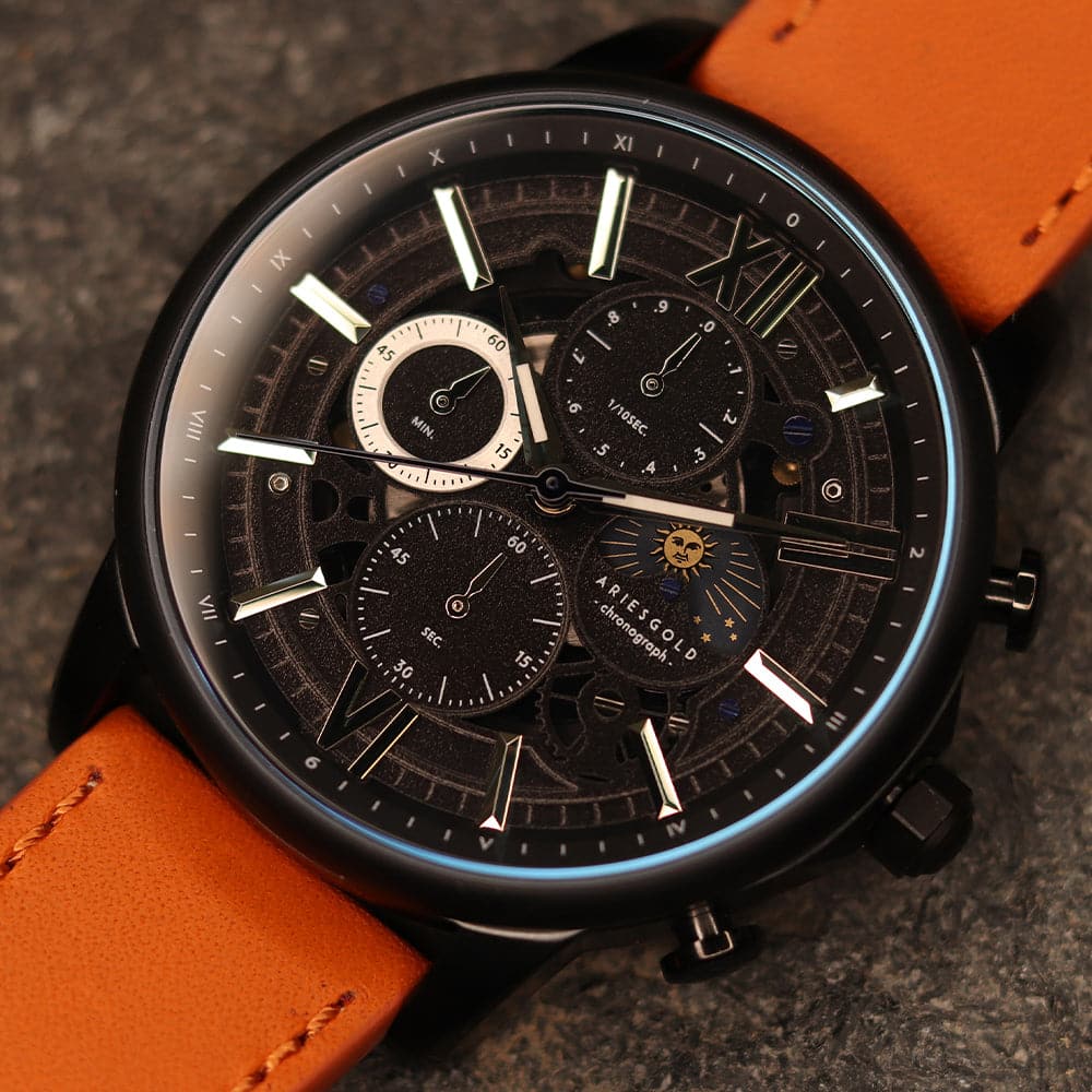 ARIES GOLD BELFAST Moon G 7013 BK Men's Genuine Leather Watch - Stylish & Durable Timepiece for Business, Casual & Formal Occasions