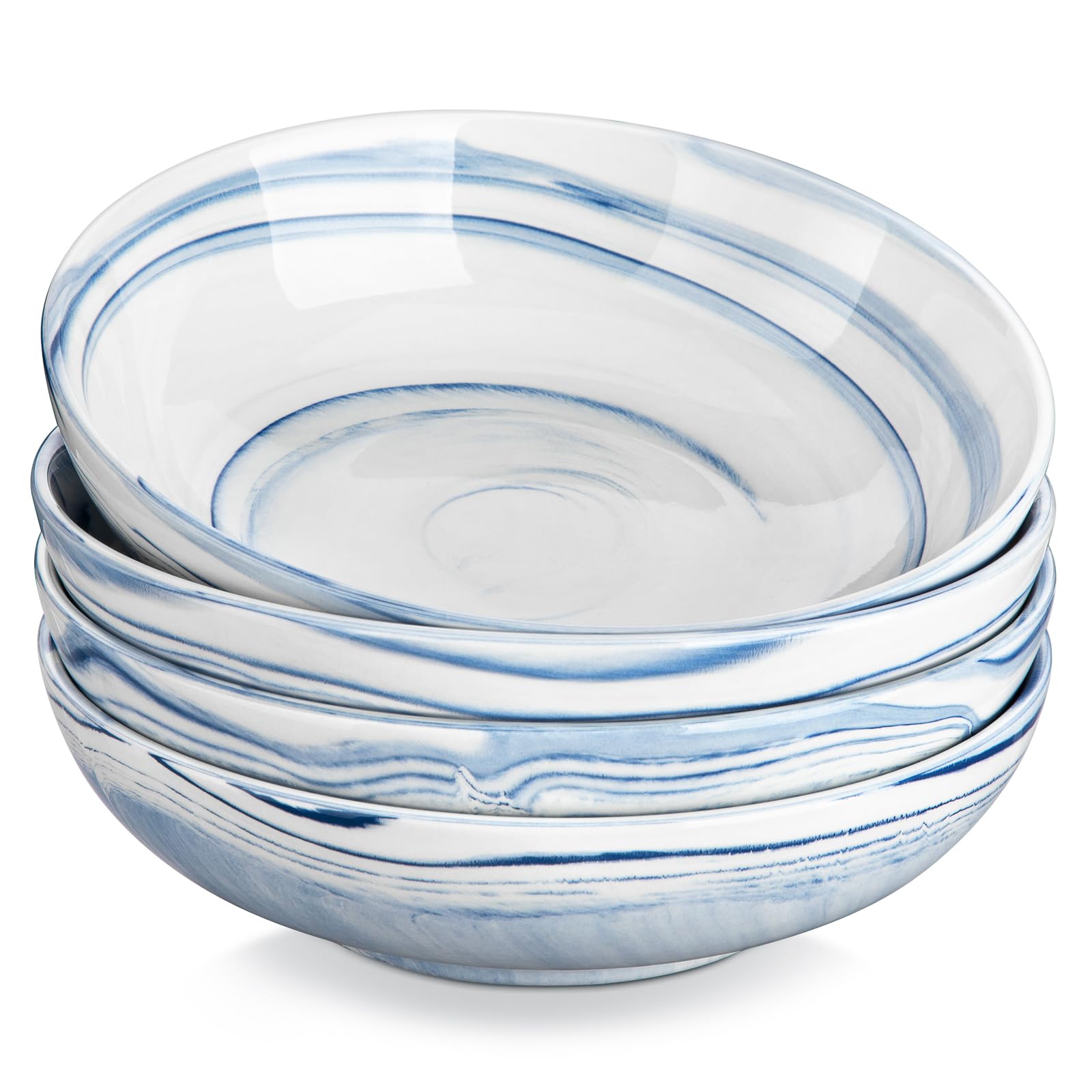 MALACASA 40 oz Marble Blue Pasta Bowls Set of 4 - Large Porcelain Shallow Serving Bowls, Ceramic Deep Salad Dishes, Low Wide Dinner Spaghetti Bowls & Soup Plates - Microwave & Dishwasher Safe - Perfect for Pasta, Salad, Soup, and Family Dinners