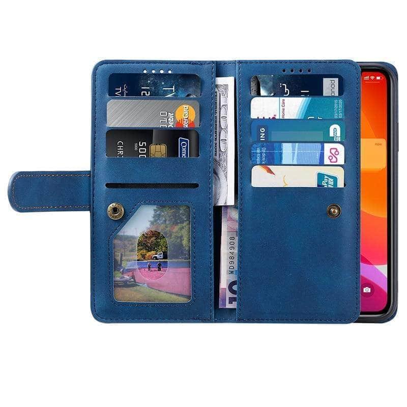 Premium 9 Cards Zipper Flip Leather Case for iPhone 13 Pro Max - RFID Blocking Wallet Phone Cover for Daily Use, Travel & Business