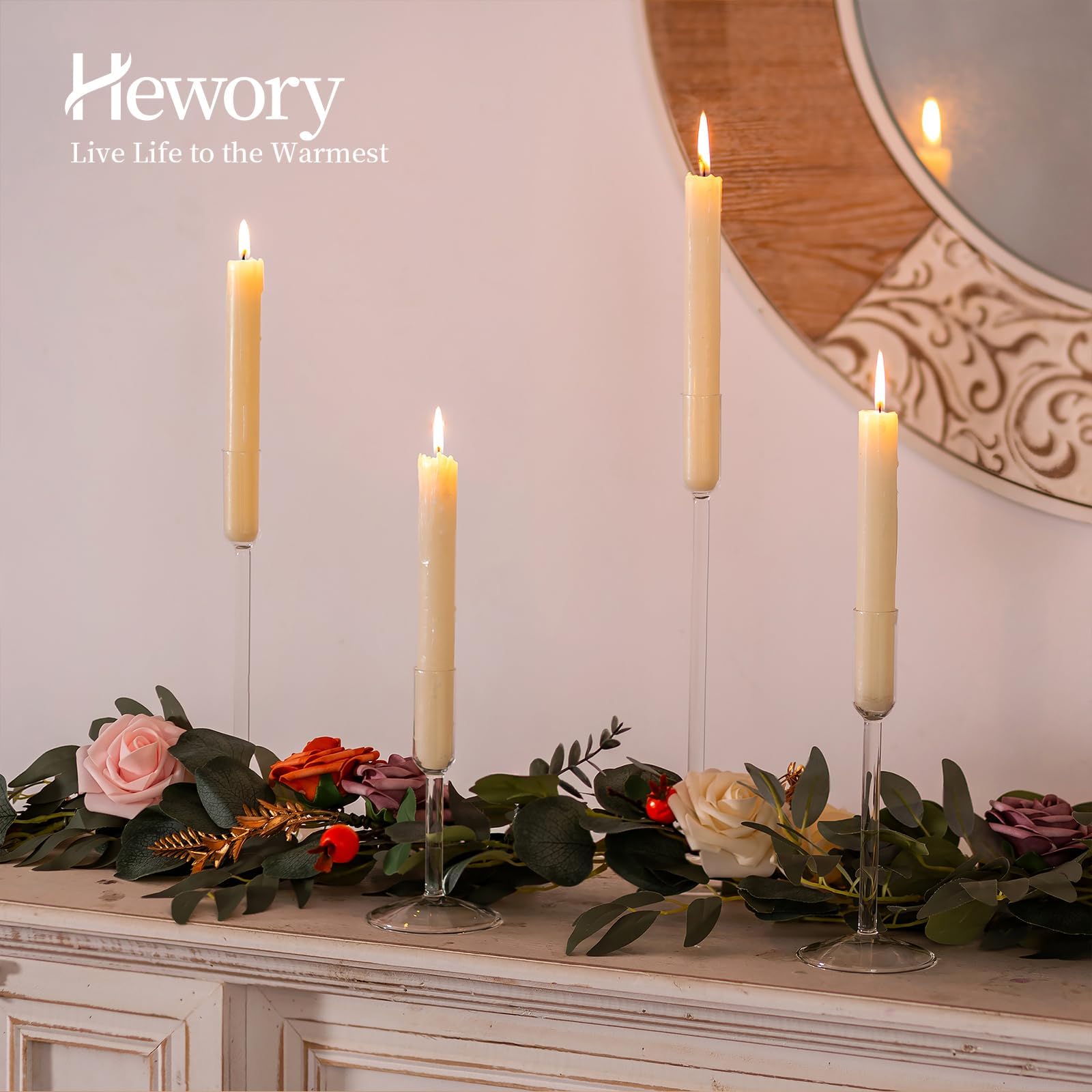 Hewory 4Pcs Clear Glass Taper Candlestick Holders - Tall Candle Holders for Dinner Table, Wedding, Christmas & Holiday Decor - Elegant Centerpiece for Home, Party & Special Occasions