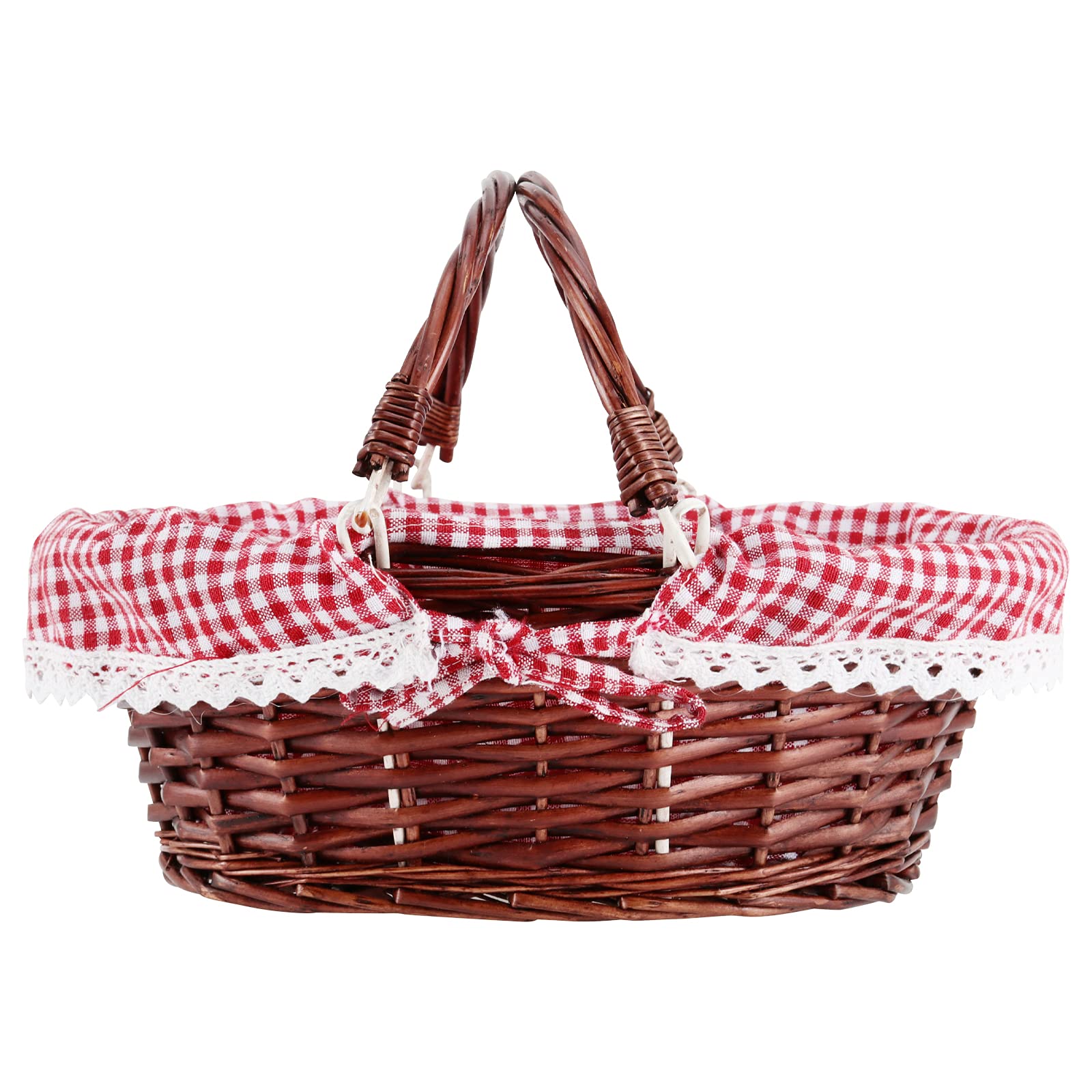 2 Pack Brown Wicker Easter Baskets - Handwoven Willow Storage Baskets with Double Folding Handles & Washable Gingham Liner - Perfect for Easter Egg Hunts, Candy Storage, Fruit Display, Toy Organization & Picnic Supplies
