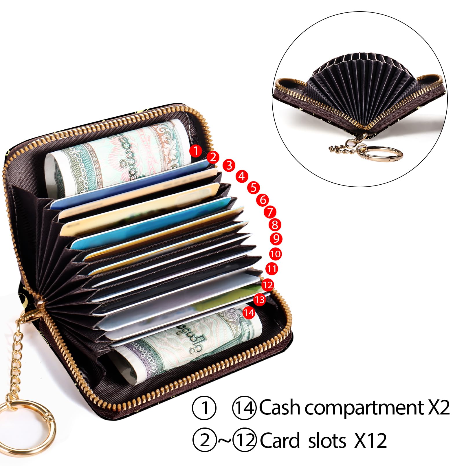 RFID Blocking Leather Credit Card Holder Wallet for Women - Compact Zipper Keychain Design with Funny Print, Accordion Style for Multiple Cards - Perfect for Travel, Shopping & Everyday Use