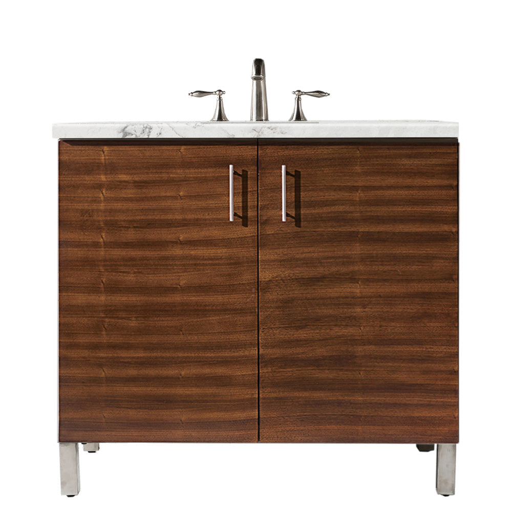 Metropolitan 36 Inch Single Bathroom Vanity with American Walnut Finish & 3CM Eternal Jasmine Pearl Quartz Countertop - Perfect for Modern Master Bathrooms & Powder Rooms