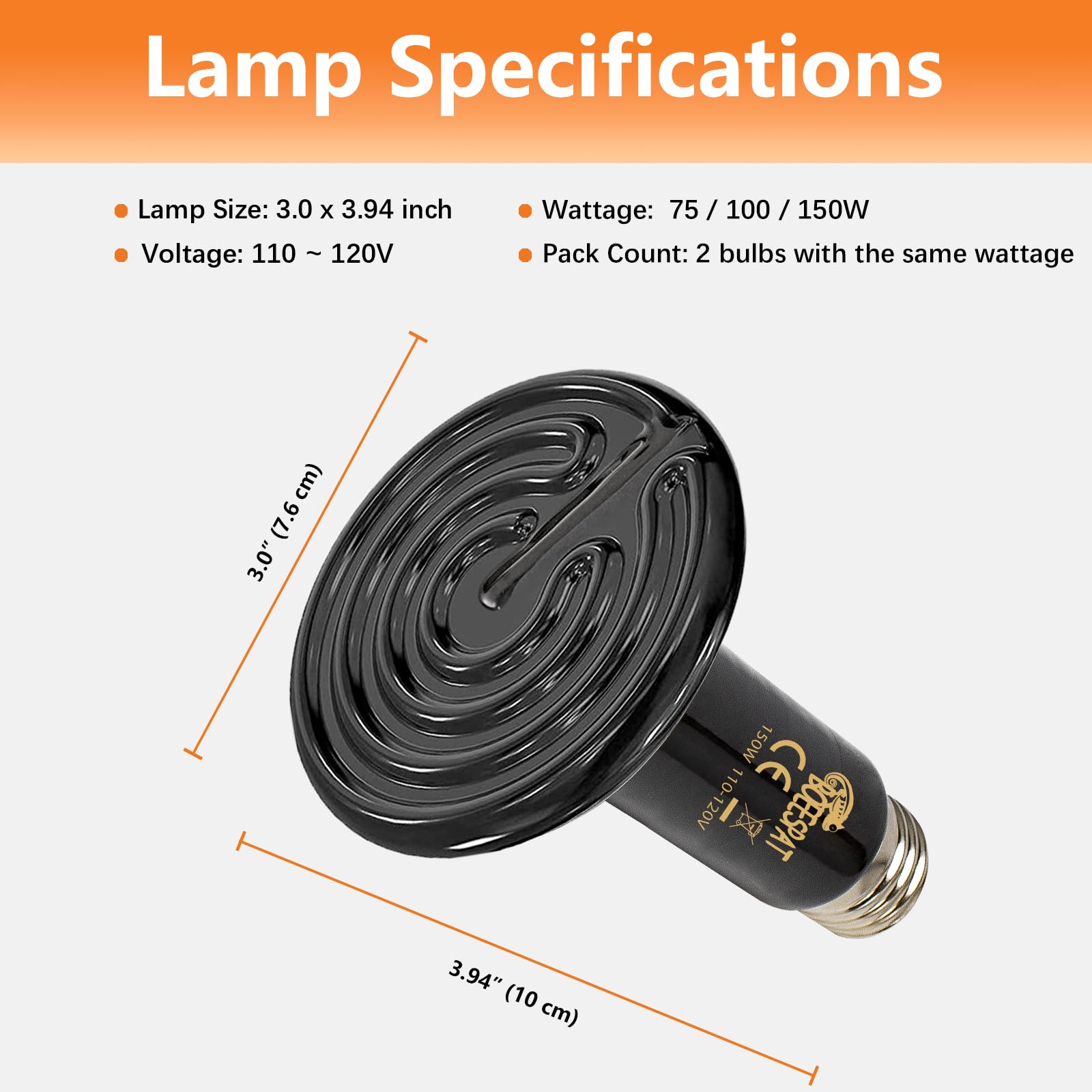75W Ceramic Heat Emitter Bulbs - 2 Pack Reptile Heating Lamp for Bearded Dragons, Lizards, Iguanas & Geckos - Efficient Infrared Heat Source for Terrariums & Small Pet Habitats - Ideal for Nighttime Heating & Basking Areas (Black, 75 Watts)