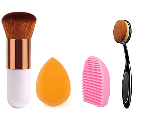 **Sloane Professional Makeup Brush Set - Foundation Brush, Oval Brush, Blender Puff & Brush Cleaner (4-Piece Kit) for Flawless Makeup Application & Easy Cleaning**