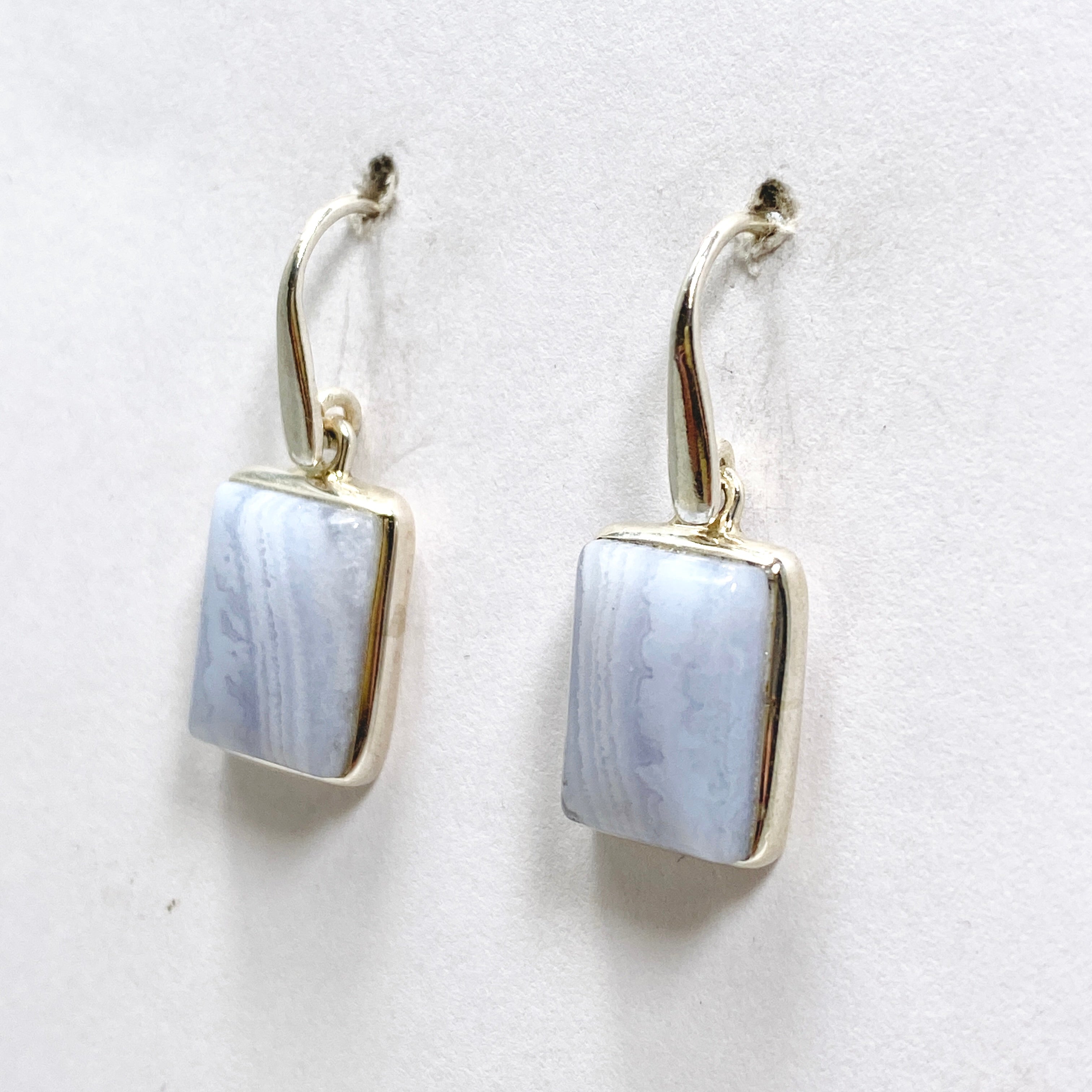 Blue Lace Agate Rectangular Cabochon Earrings - Handmade Sterling Silver Dangle Earrings for Women | Perfect for Weddings, Parties & Everyday Elegance