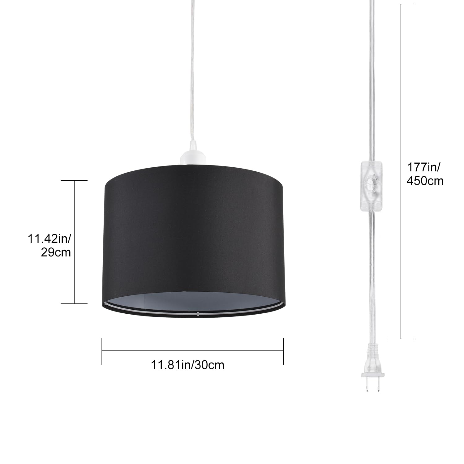 2 Pack Plug in Pendant Light with 15Ft Clear Cord & On/Off Switch - Black Fabric Lamp Shade Hanging Light Fixture for Bedroom, Kitchen, Dining Table & Living Room - Perfect for Modern Home Decor, Farmhouse Style & Apartment Lighting