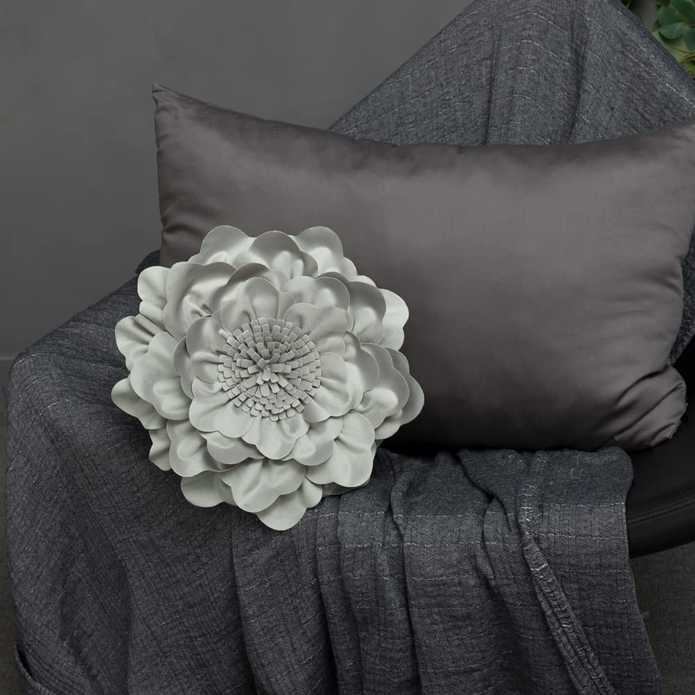 JWH Handmade Floral Throw Pillow Cover - Decorative Round Velvet Cushion Case for Bedroom, Living Room & Couch (14 Inch, Grey) - Perfect for Home Decor, Sofa Accents & Cozy Interior Styling