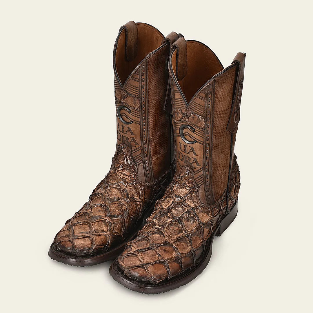 **Men's Cuadra Honey Cowboy Rodeo Pirarucu Skin Boots – Western Style Leather Boots for Rodeo & Country Wear**    *(Perfect for Rodeo Events, Country Dancing, and Western Fashion Outfits)*