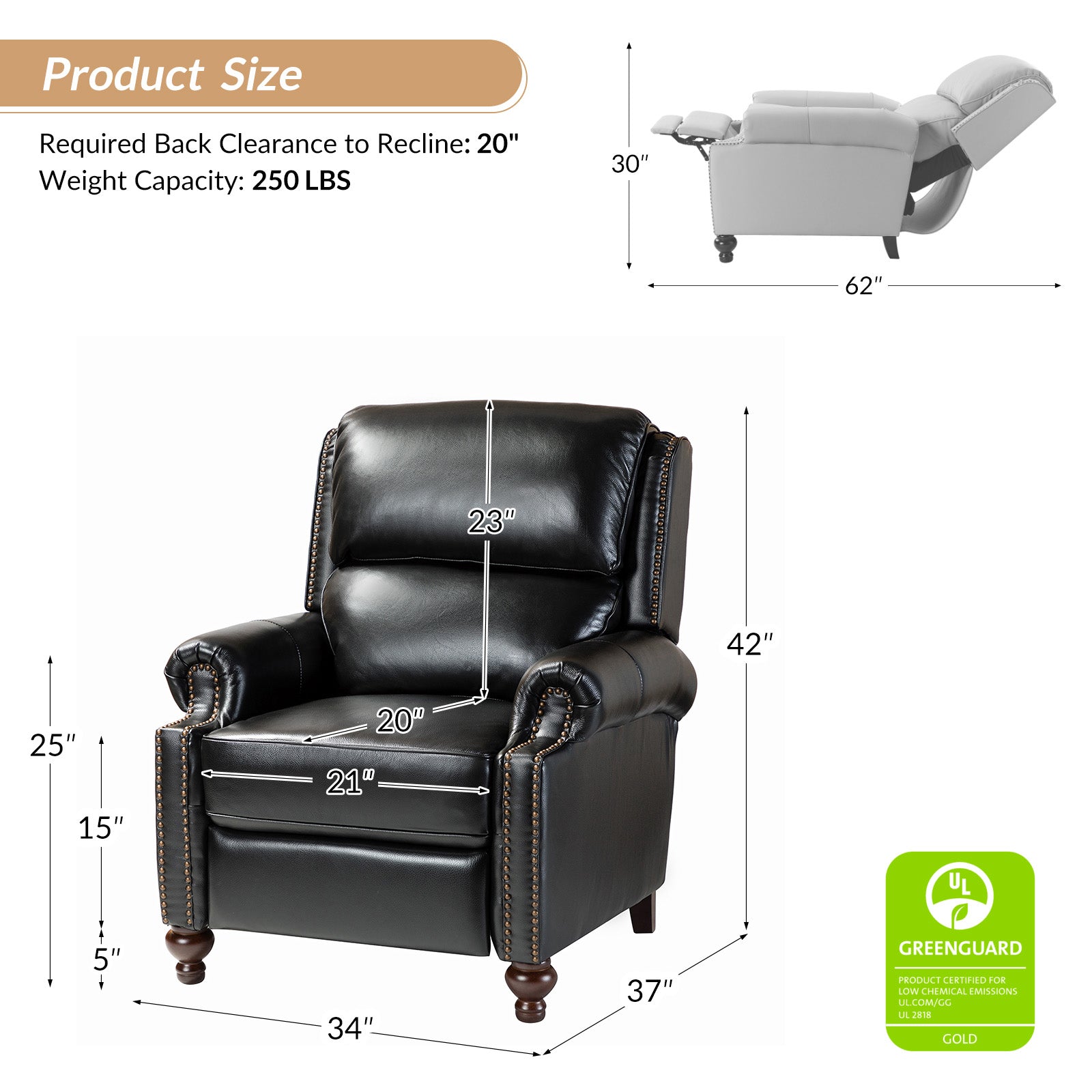 Mid Century Modern Genuine Leather Recliner Chair - Consuela Handcrafted Lounge Chair for Living Room, Office & Home Theater