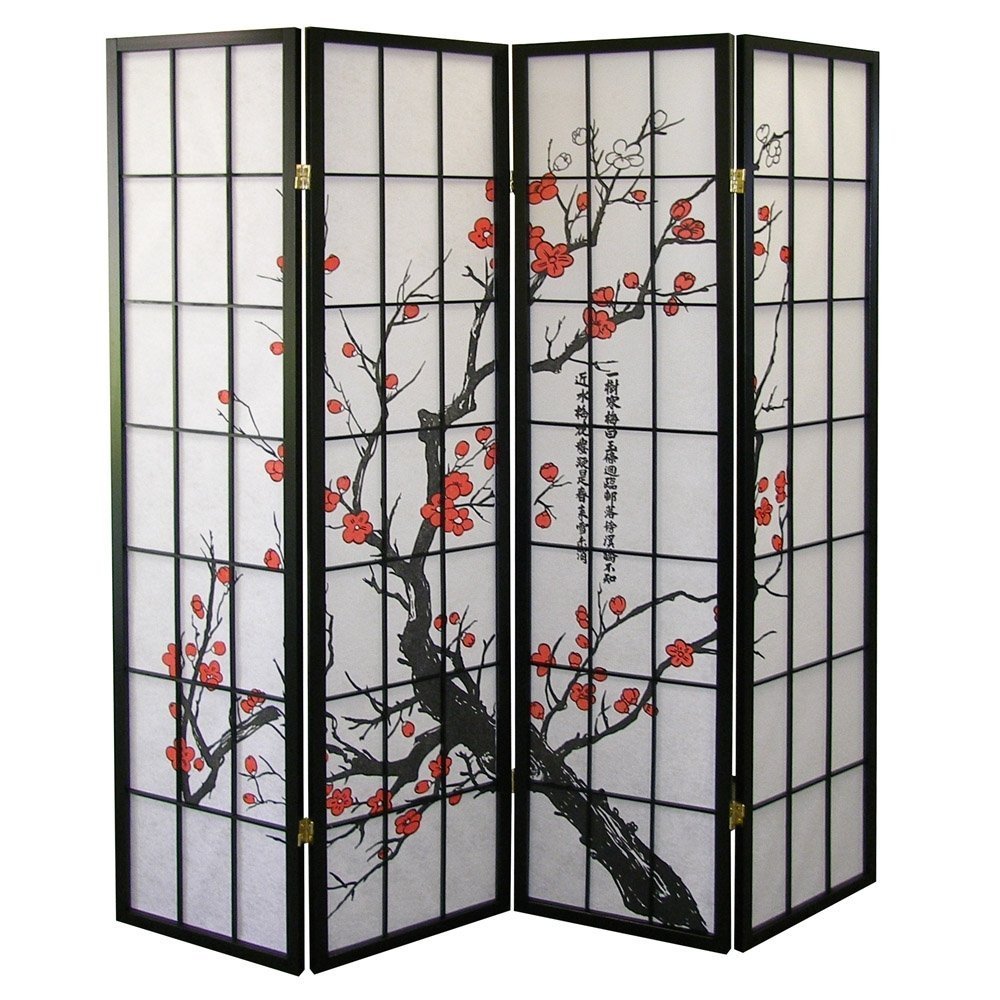 Home Decorators Collection 4-Panel Cherry Blossom Room Divider Screen - Black Japanese Style Folding Partition for Living Room, Bedroom & Office Privacy
