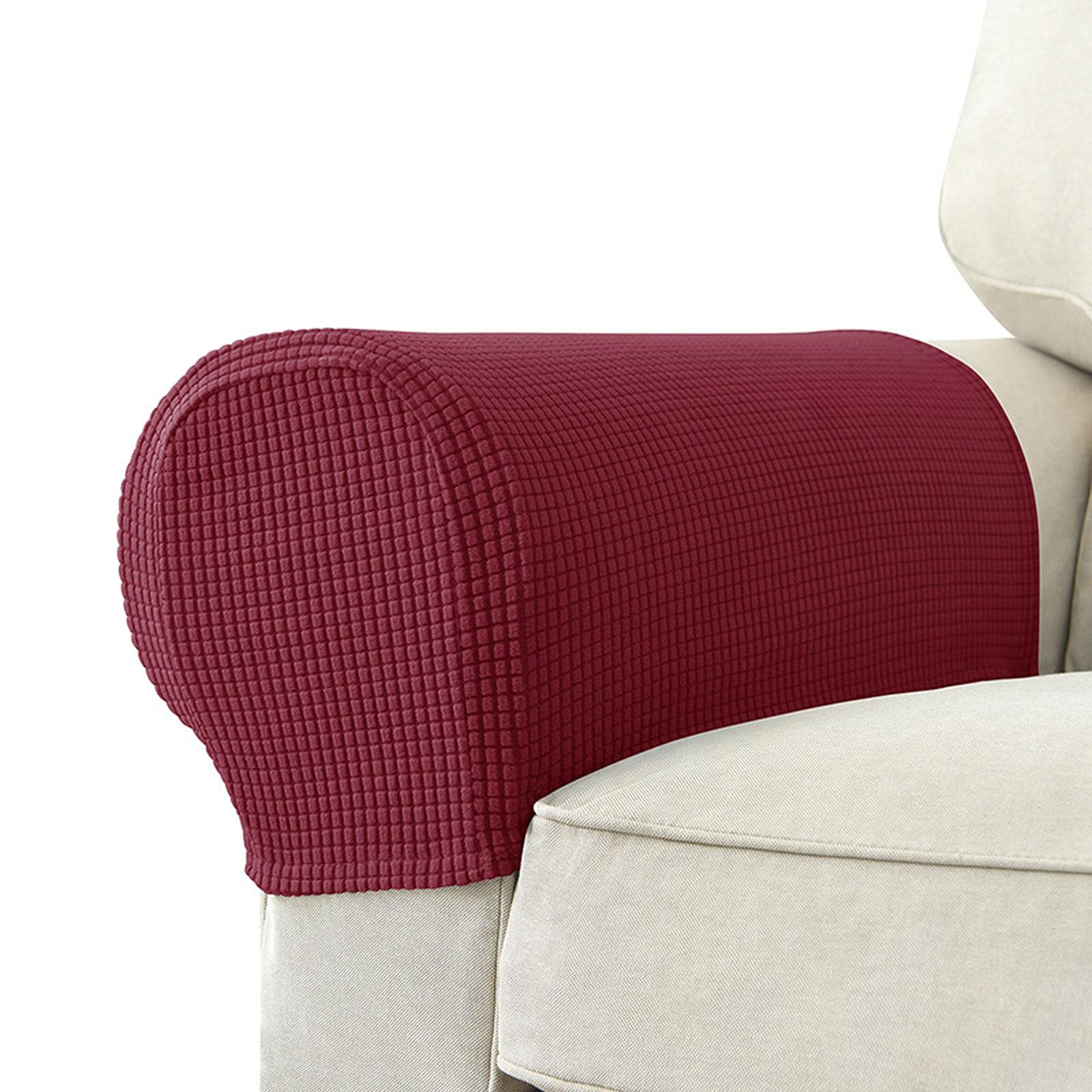 Stretchable Spandex Sofa Armrest Covers - Non-Slip Recliner & Armchair Protectors (1 Pair, Red) - Perfect for Living Room Furniture Protection & Home Decor