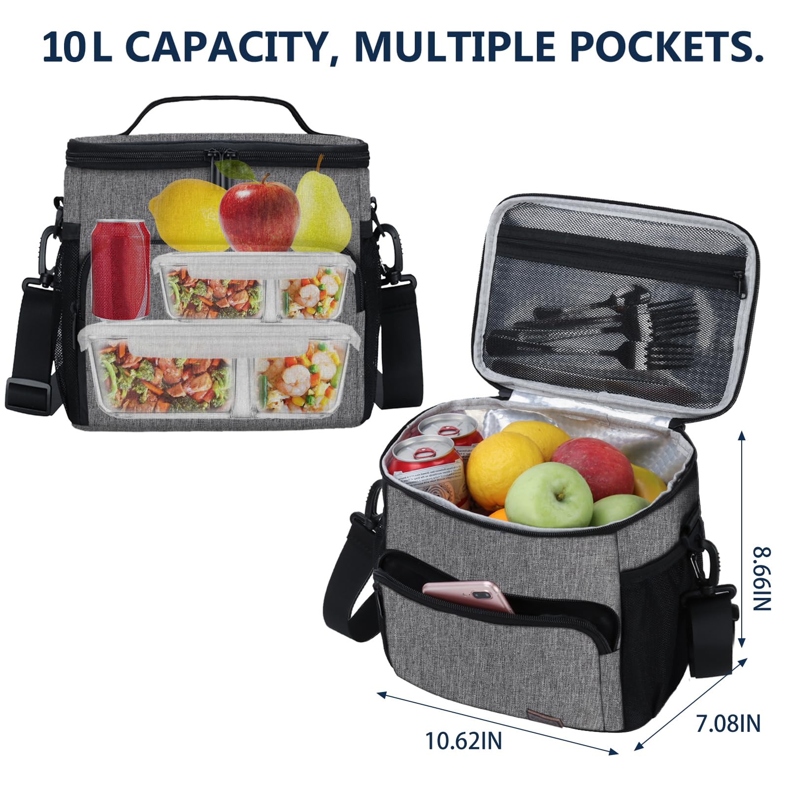 Gloppie Insulated Lunch Box for Men & Women - Reusable Cooler Bag for Work, School & Picnics - Grey - Perfect for Office, Travel & Outdoor Activities