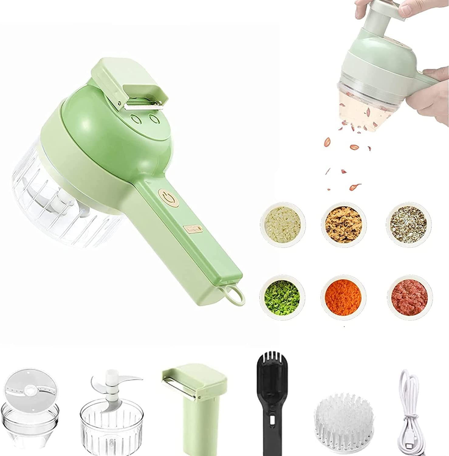 Fansisco 4-in-1 Electric Vegetable Chopper - Mini Food Processor for Garlic, Onion, Pepper, Chili, Ginger & Meat - Includes Cleaning Brush - Perfect for Kitchen, Camping & Meal Prep