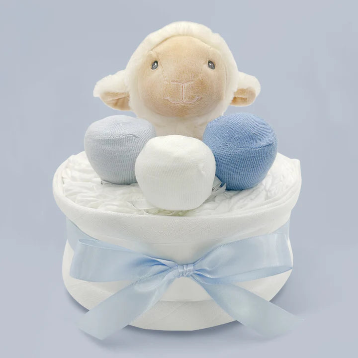 Little Lamb Diaper Cake - Blue Baby Shower Gift, Newborn Essentials, Gender Neutral Nursery Decor | Perfect for Baby Showers, Birthdays & Welcome Home Gifts (SKU: LBG1054)