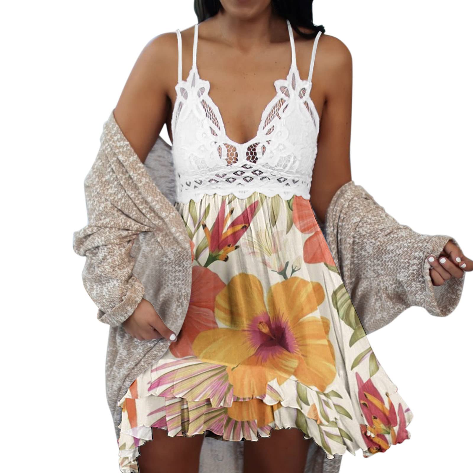 Women's Summer Loose Sleeveless Floral Print V-Neck Lace Hollow Out Halter Dress - Perfect for Beach Vacations, Pool Parties & Summer Outings