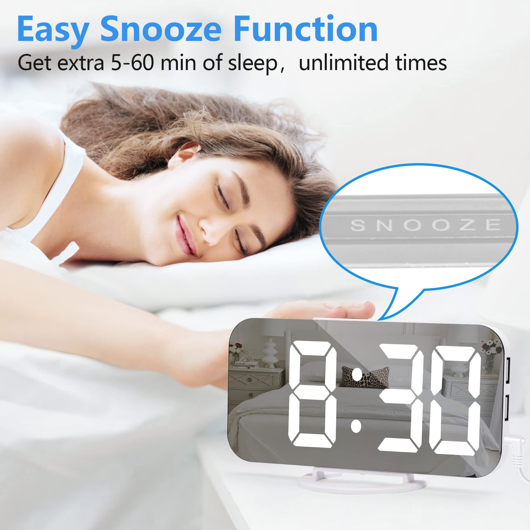 Digital Alarm Clock with LED Mirror Display - Dual USB Ports, 3-Level Brightness & Auto Dimming for Bedroom & Office | Night Mode, Easy Snooze, Modern White Decor | Perfect for Nightstands, Home Offices & Gift Giving