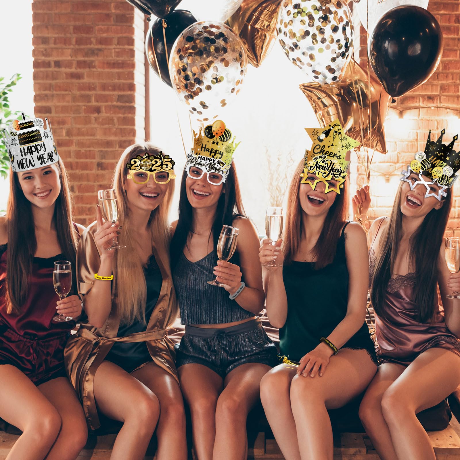 2025 New Year's Eve Party Supplies Kit - 45pcs Black Gold Silver Happy New Year Glasses, Headbands & Noisemakers for NYE Decorations | Perfect for Countdown Parties, Ball Drop Celebrations & New Year's Eve Festivities