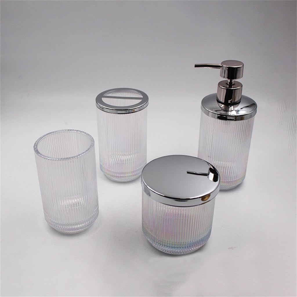 Premium 4-Piece Glass Wash Set with Vertical Stripes for Bathroom & Home - Perfect for Shower, Sink, and Countertop Organization