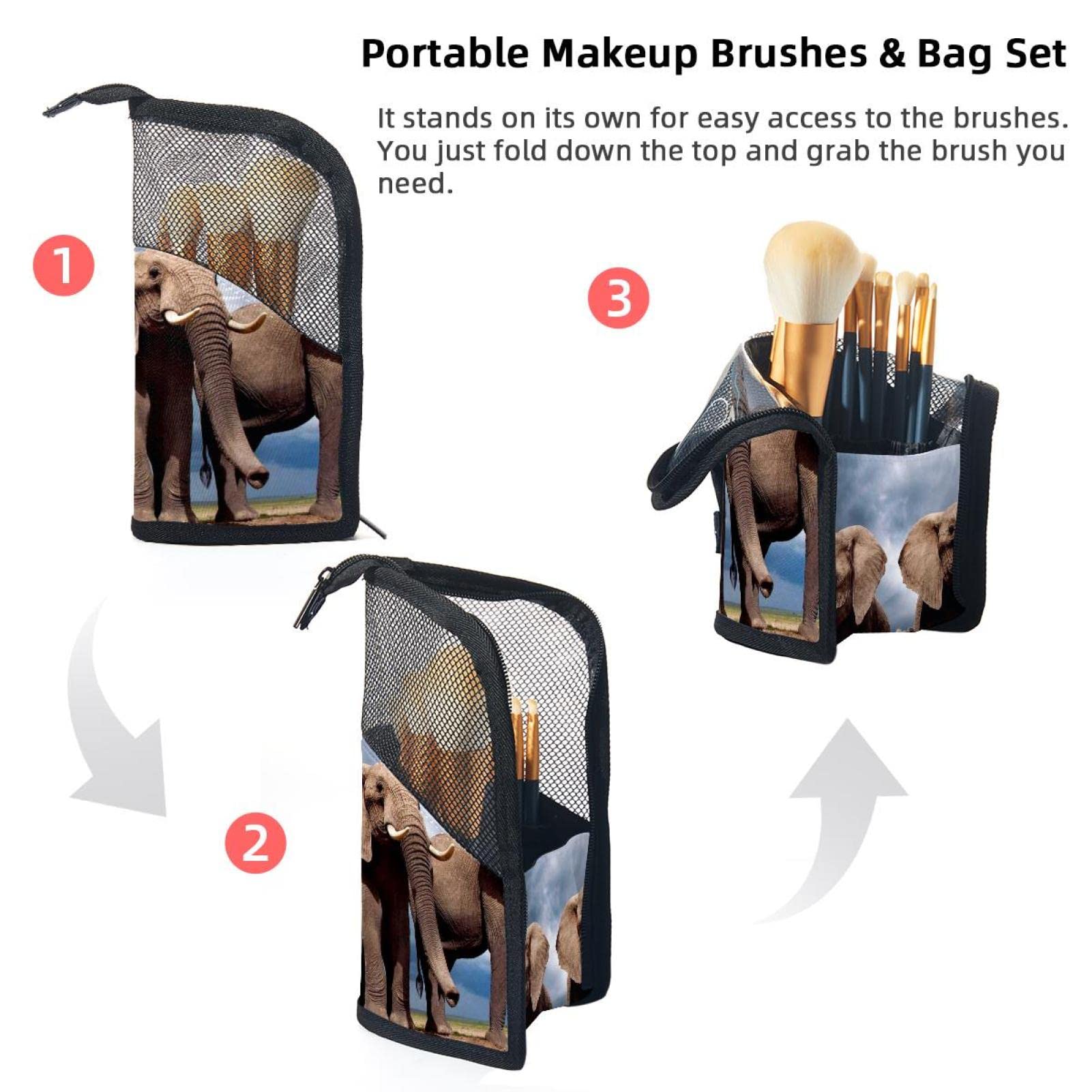 Premium 12-Piece Makeup Brush Organizer Bag with African Elephant Design - Portable Cosmetic Brush Holder Case for Travel, Home & Professional Makeup Artists