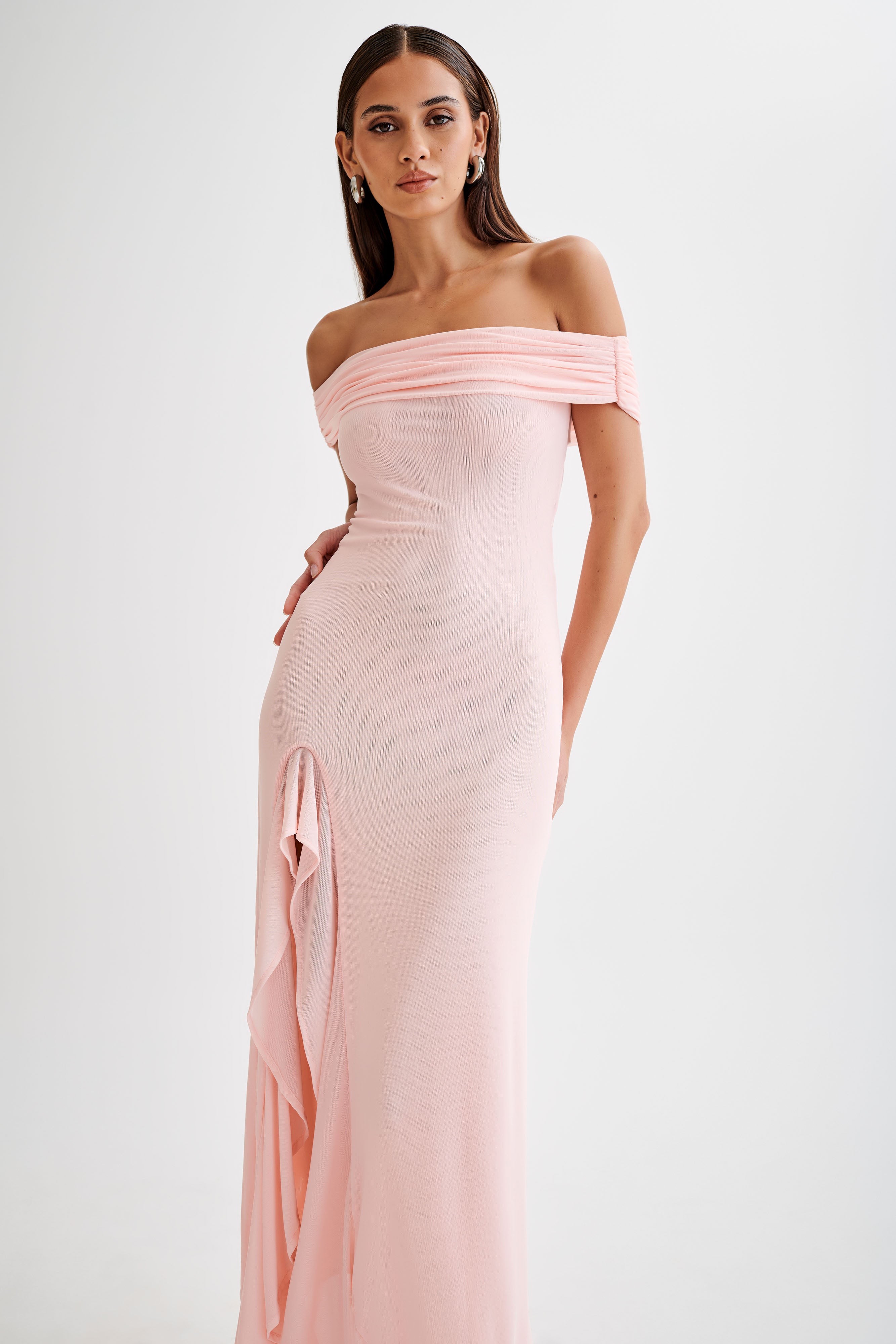 Audrey Off Shoulder Mesh Maxi Dress in Pale Pink - Elegant Summer Beach Wedding Party Dress for Women