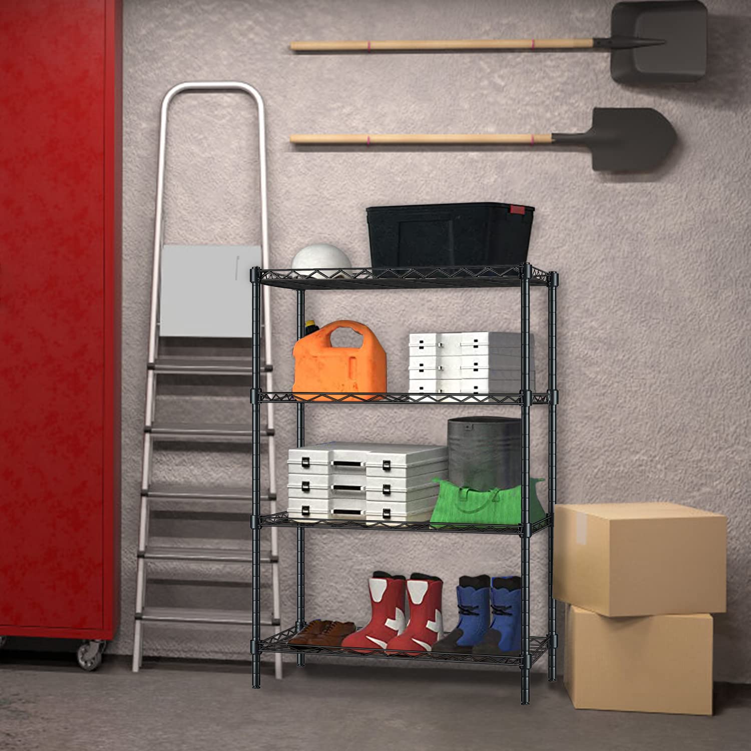 4 Tier Adjustable Metal Wire Shelving Rack - Heavy Duty Storage Shelf Unit for Kitchen, Laundry, Garage & Pantry Organization (Black) - Perfect for Storing Food, Cleaning Supplies & Household Items