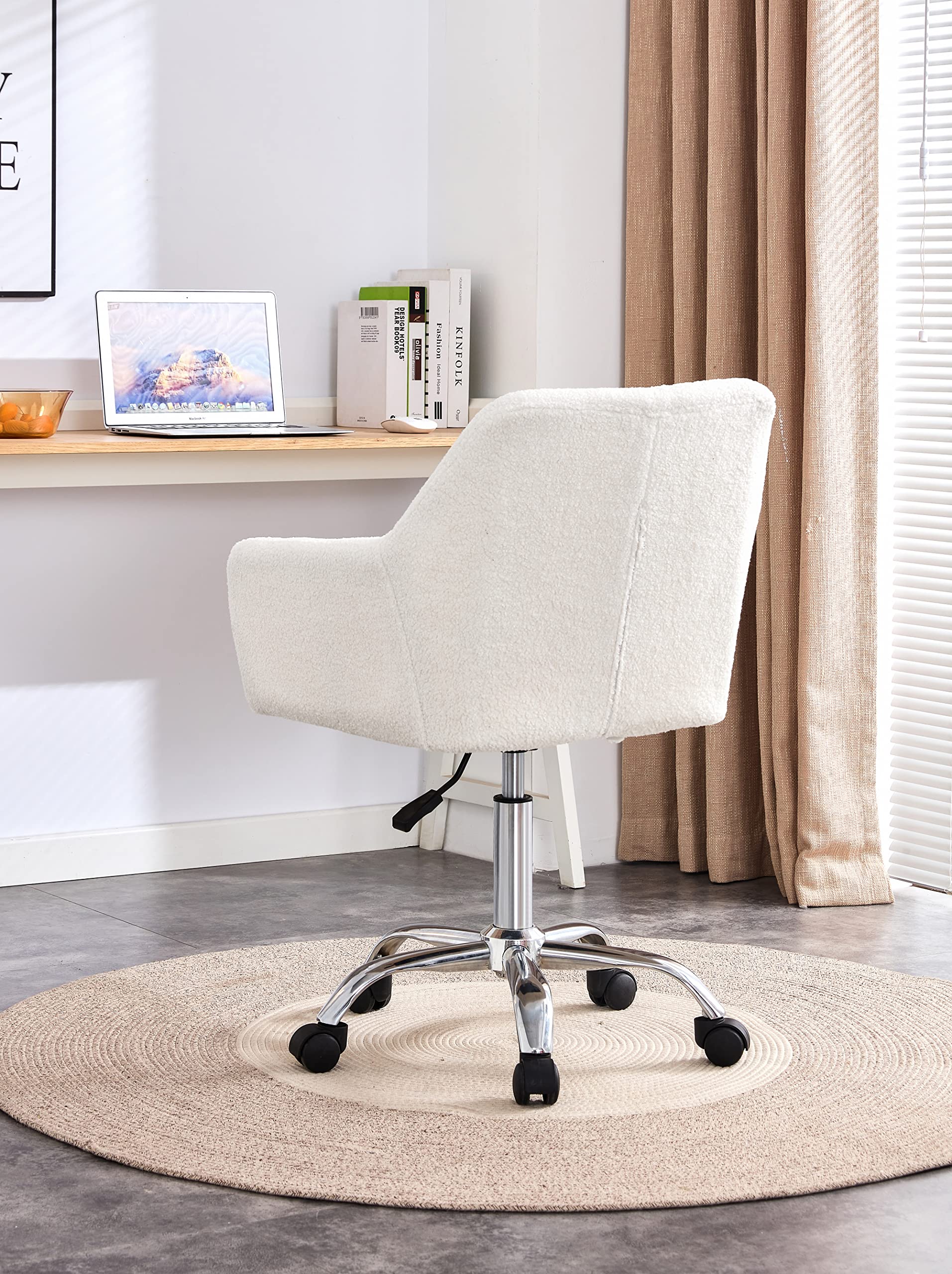 HomVent White Faux Fur Swivel Chair with Wheels - Adjustable Height Modern Plush Makeup Vanity Stool, Soft Office Desk Chair for Bedroom, Living Room & Dressing Room - Perfect for Home Decor, Beauty Salon & Cozy Reading Nook