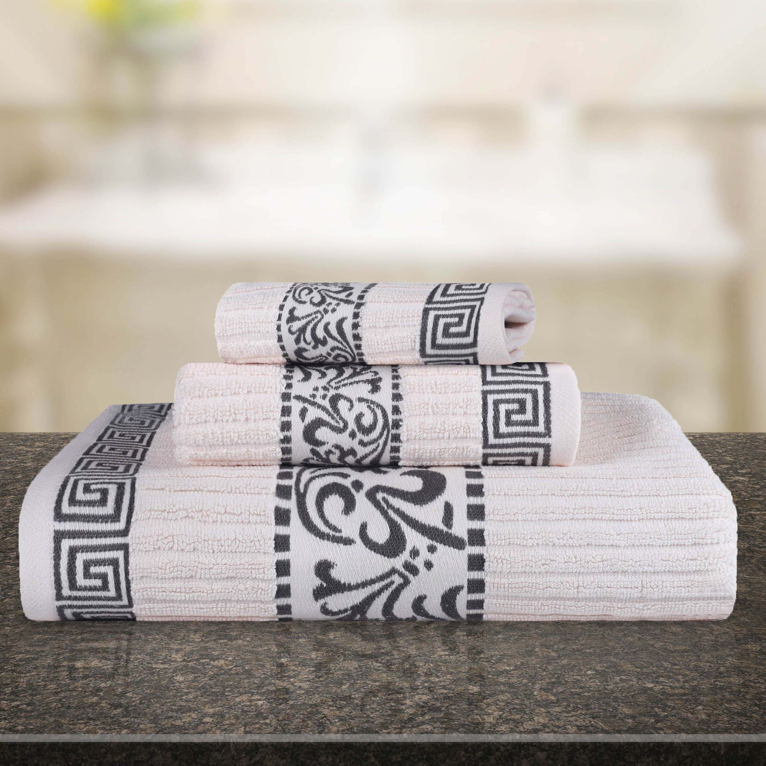 Premium Athens Cotton Greek Scroll & Floral 3-Piece Bath Towel Set - Soft Absorbent Luxury Towels for Spa, Bathroom & Guest Use