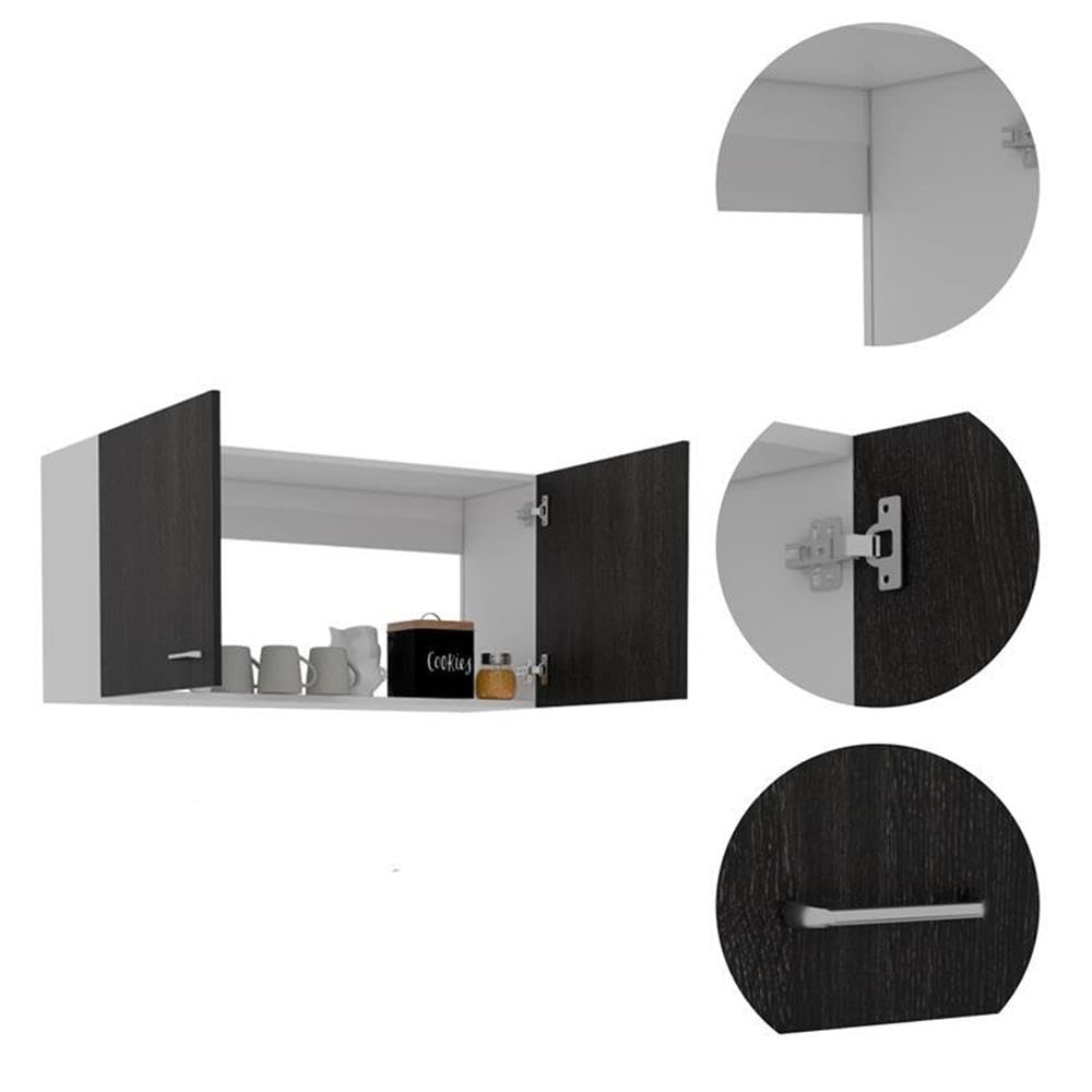 Tuhome Wall Cabinet with 2 Shelves & Double Door - White/Black for Living Room Storage