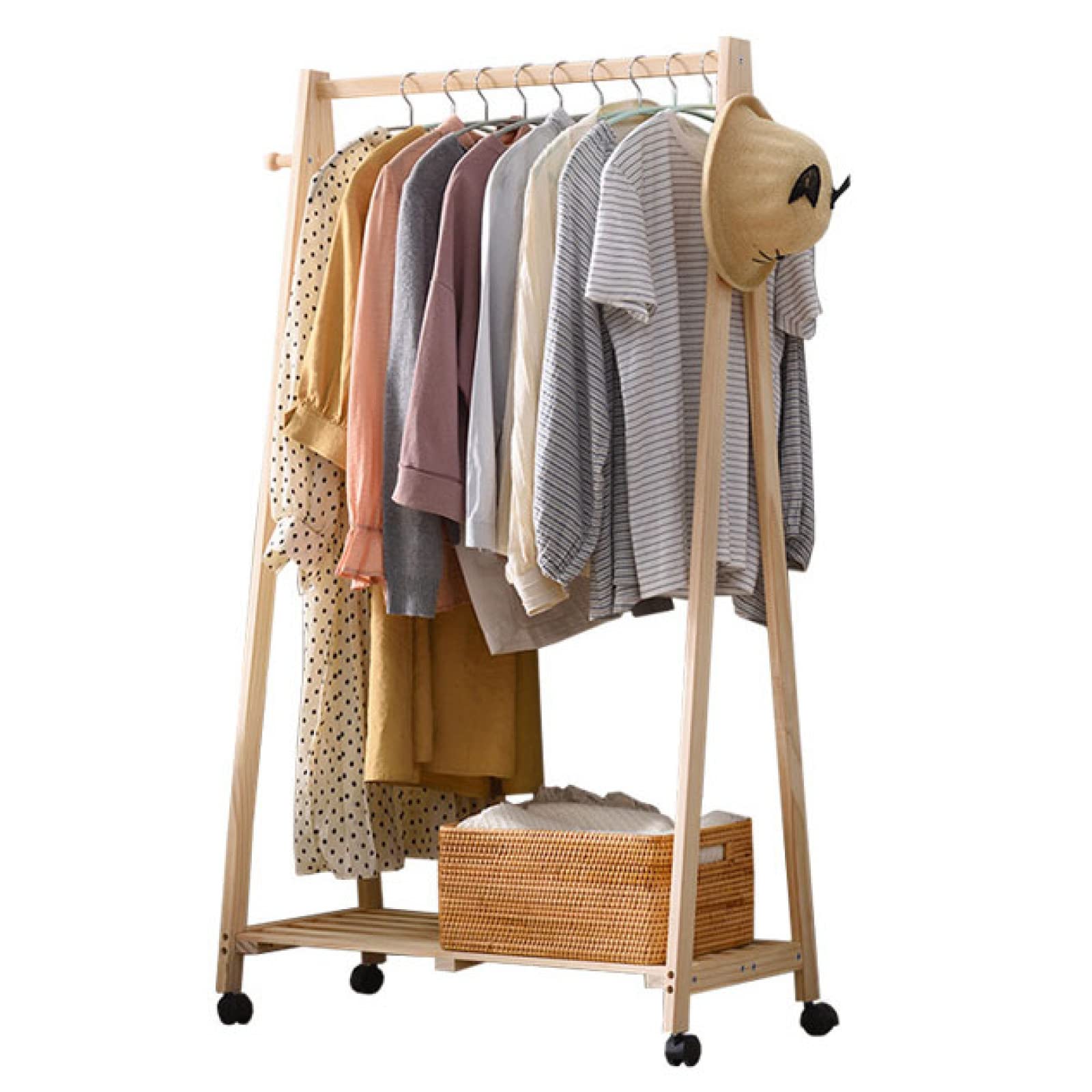 GAOYH Rolling Wardrobe Organizer - Wooden Coat Rack with Vertical Shelf & Bamboo Hangers | Mobile Clothing Storage with 2 Hooks & Universal Wheels | Perfect for Bedroom, Closet, Dorm Room Organization