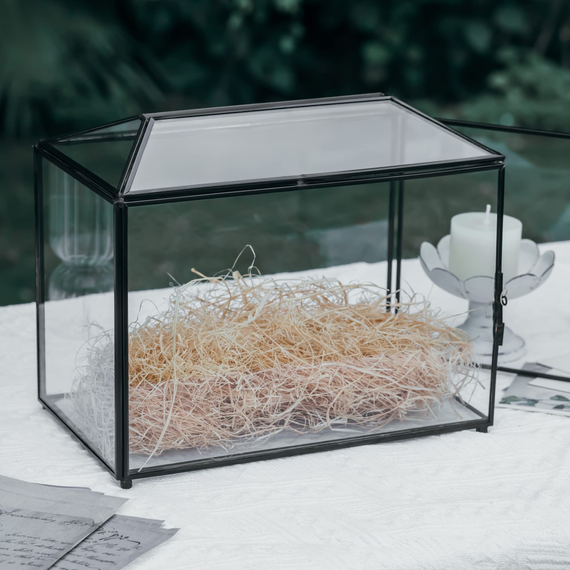 Elegant Black Geometric Glass Cards Box with Slot & Lock - 10.2x5.9x7.9 Inch Handmade Wedding Wishing Well Terrarium - Perfect for Birthday Parties, Reception Decor & Gift Card Holder (Glass Box Only)