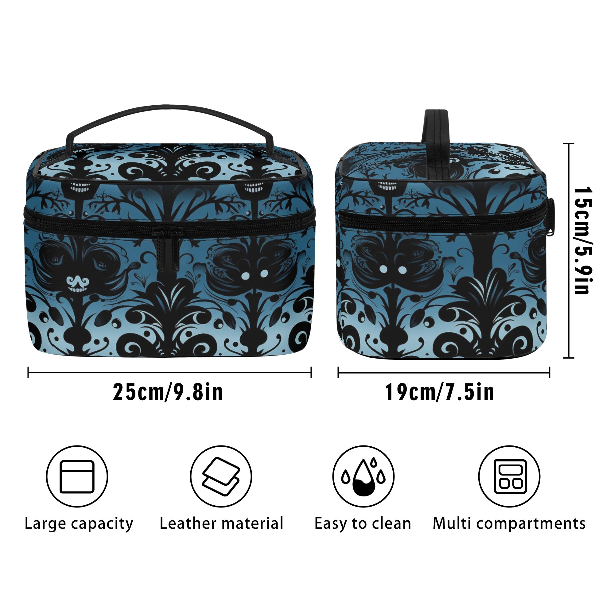 Gothic Blue Leather Cosmetic Bag for Women - Vintage Makeup Pouch Travel Organizer | Perfect for Travel, Daily Use & Gift Giving
