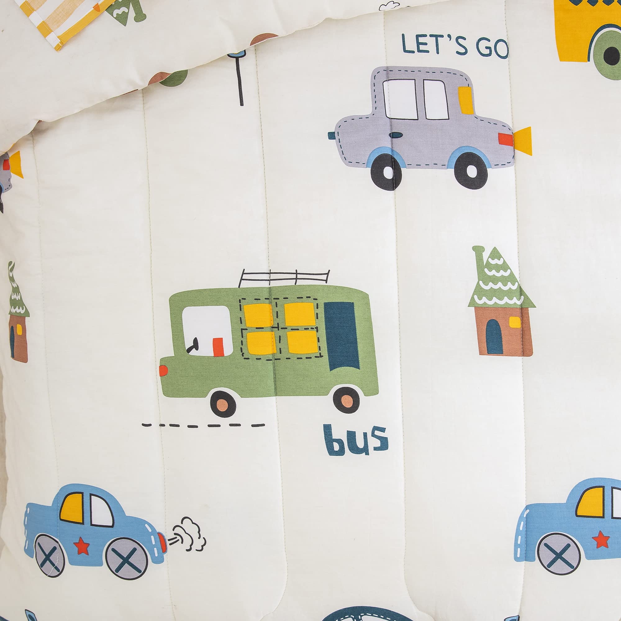 WONGS BEDDING Cars Toddler Bedding Set - 100% Cotton Soft Reversible Crib Bedding for Boys & Girls (4-Piece Set with Comforter, Flat Sheet, Fitted Sheet & Pillowcase) - Perfect for Nursery, Daycare & Toddler Rooms