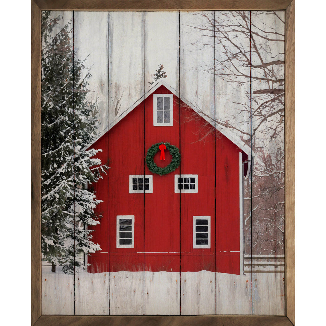 Holiday Barn Wood Framed Print - Rustic Farmhouse Wall Art Decor for Christmas, Winter & Seasonal Home Décor | Perfect for Living Room, Bedroom & Office