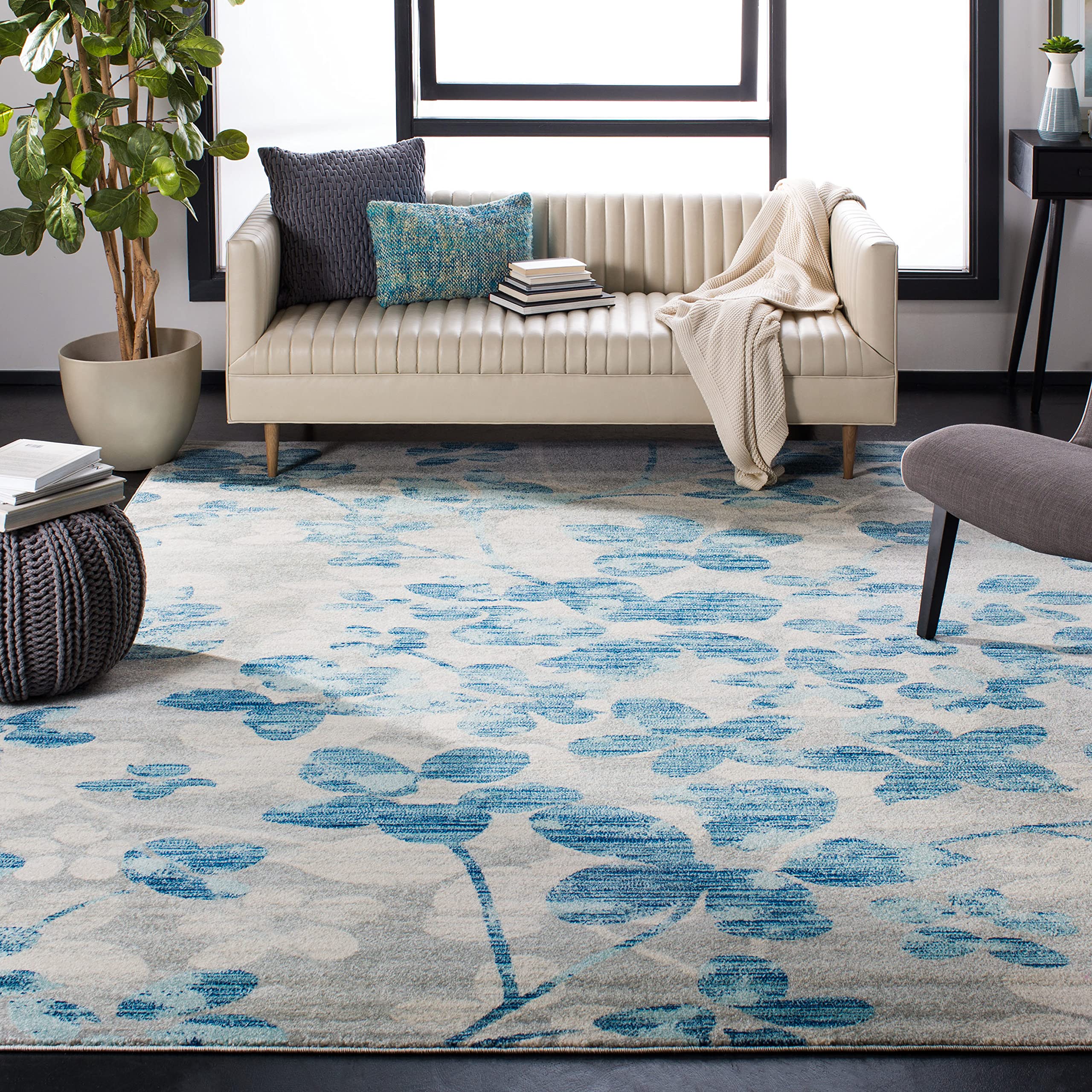 SAFAVIEH Evoke Collection 8' x 10' Floral Area Rug - Soft Non-Shedding, Grey & Light Blue (EVK236J) for Living Room, Bedroom, Dining & Home Office Decor