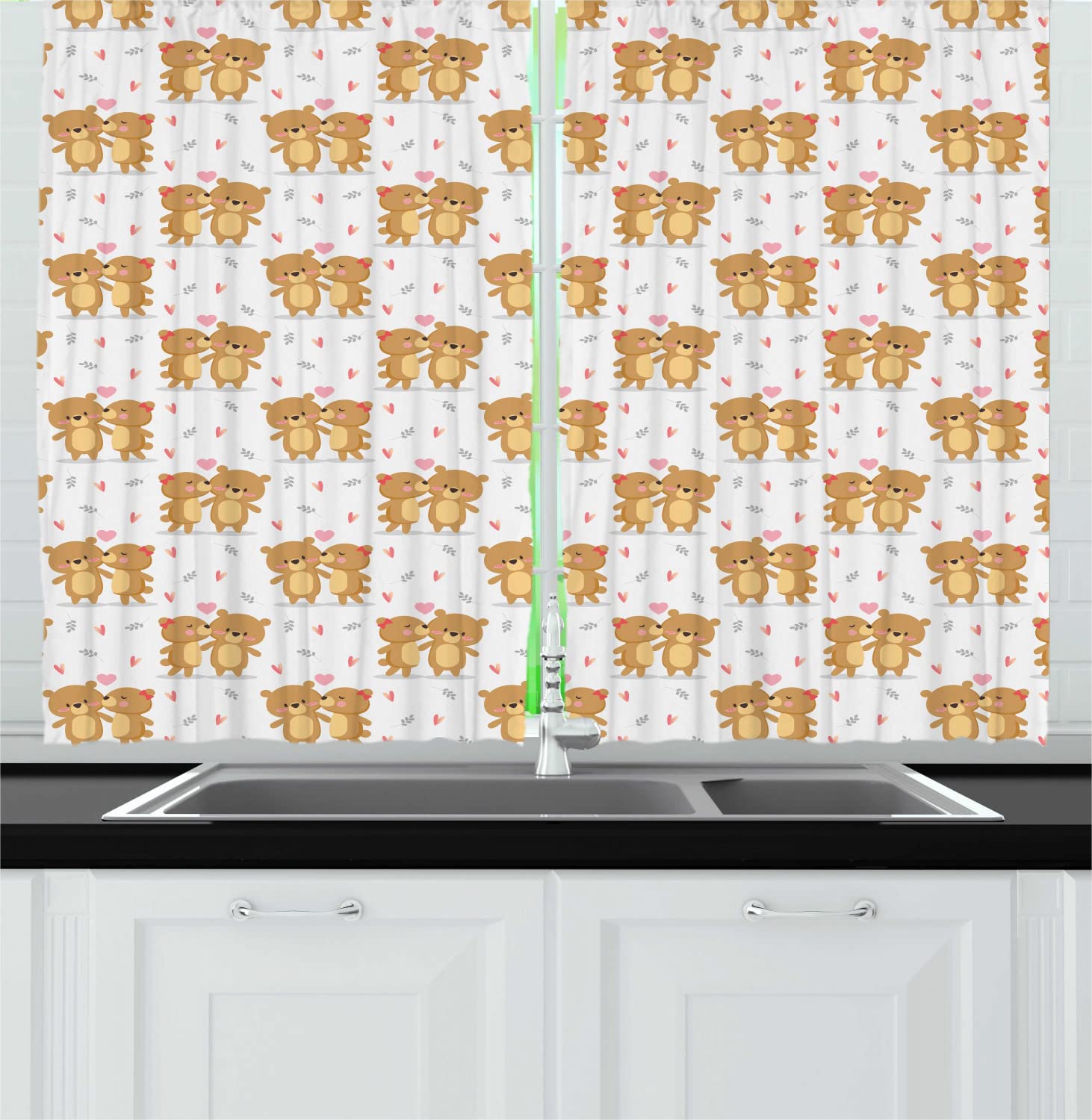 Ambesonne Romantic Valentine's Kitchen Curtains - Bear & Hearts Cartoon Design, 55