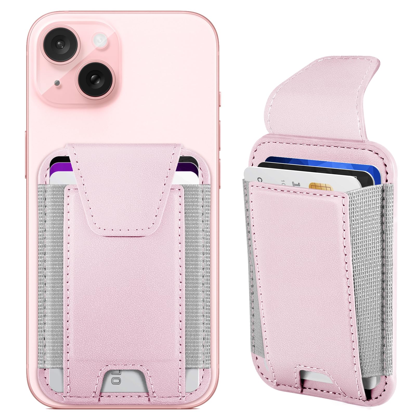 Miroddi MagSafe Wallet with Privacy Flap - Strong Magnetic Card Holder for iPhone 16/15/14/13/12 | Genuine Leather Phone Wallet Holds 7 Cards | RFID Blocking Technology | Secure Anti-Drop Design in Pink - Perfect for Everyday Use, Travel & Contactless Payments