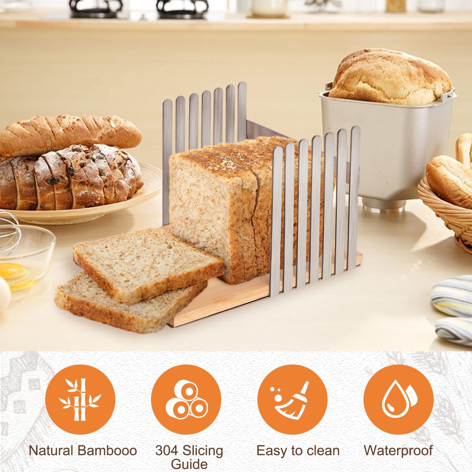 Premium Stainless Steel Bread Slicer - Perfect for Sourdough & Homemade Bread with Bamboo Cutting Board | Bread Cutting Guide & Cleaning Brush Included | Ideal for Kitchen, Baking Enthusiasts & Gift Giving