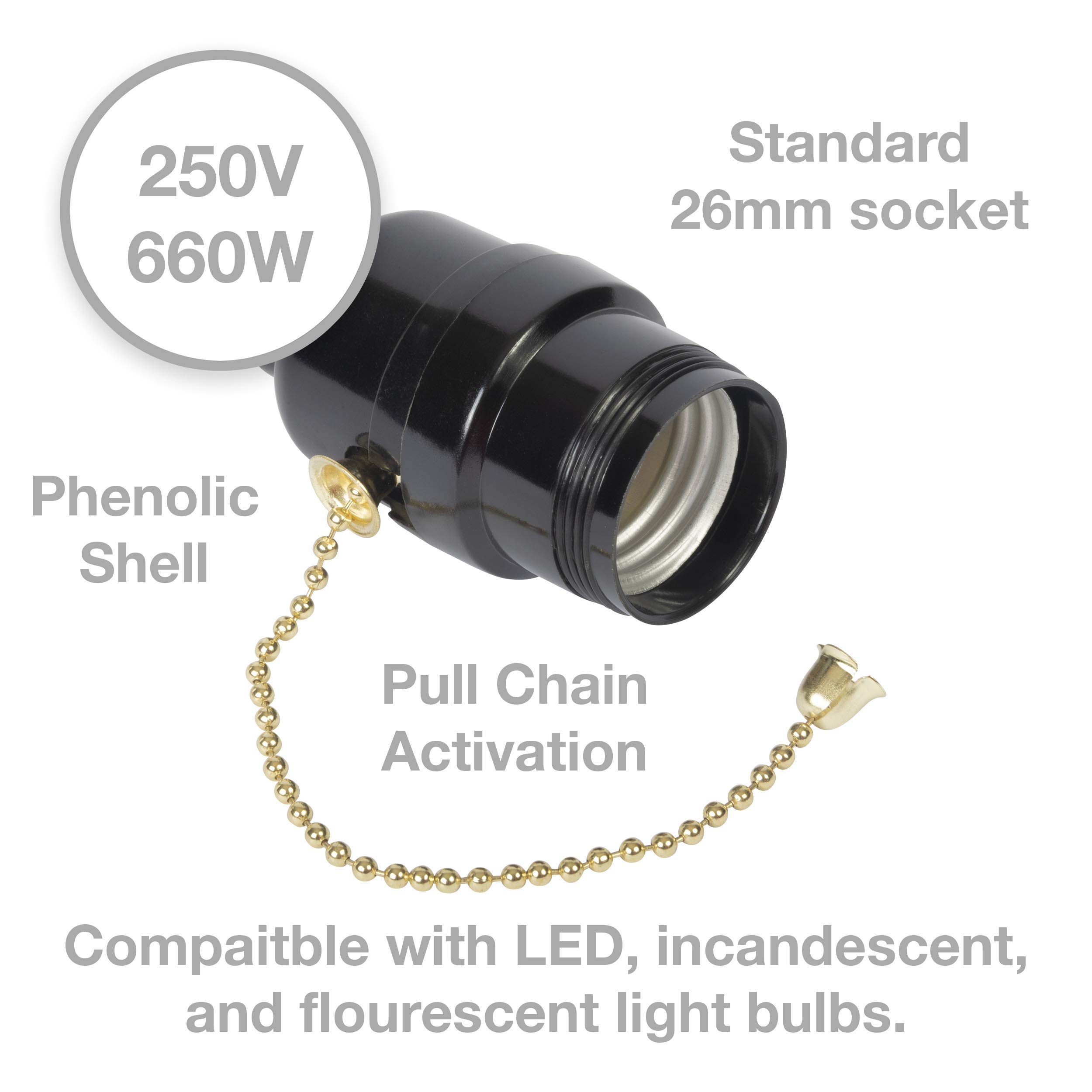 Gardner Bender GLS-50 Pull Chain Light Socket with On/Off Switch - Durable Phenolic Shell, Black - Perfect for Ceiling Fans, Pendant Lights & Home Lighting Fixtures