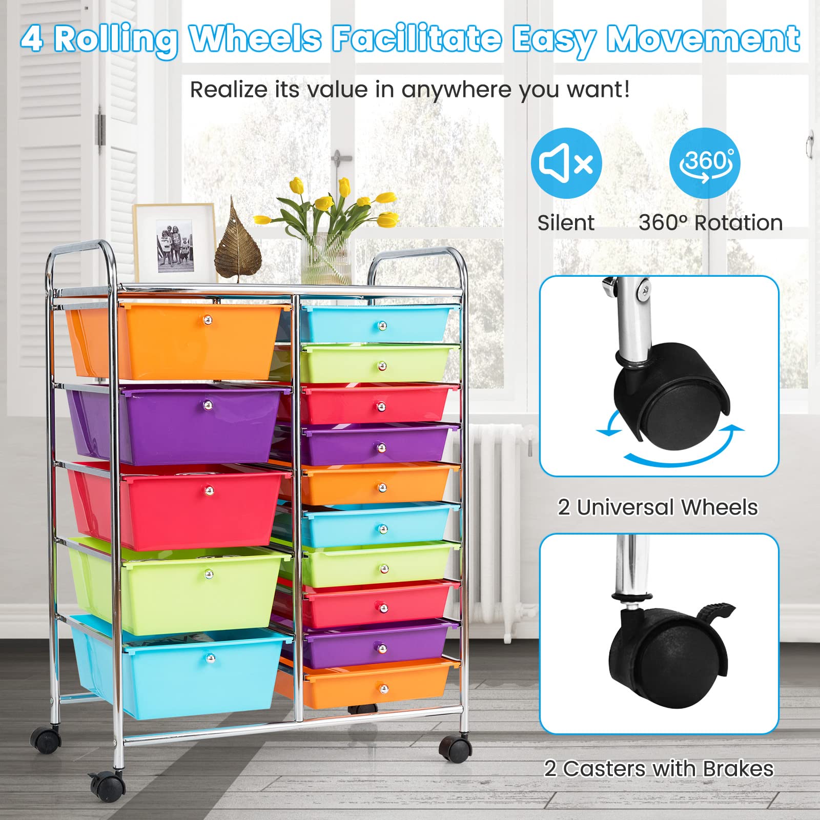 Nightcore 15-Drawer Rolling Storage Cart with Lockable Wheels - Multipurpose Craft Organizer for Tools, Scrapbooking & Office Supplies - Mobile Utility Cart for Home, Office, School & Craft Room Organization