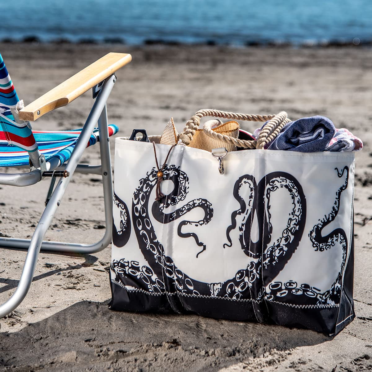 Waterproof Recycled Sailcloth Octopus Beach Tote Bag - Large Eco-Friendly Boat & Travel Tote with Interior/Exterior Pockets | Perfect for Sailing, Beach Trips & Summer Vacations
